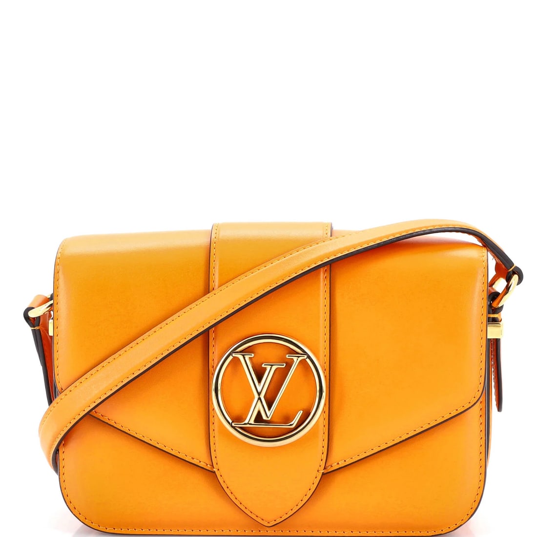 Leather Louis Vuitton LV Pont 9 Bag: Leather Louis Vuitton LV Pont 9 Bag A vibrant orange Louis Vuitton Pont 9 bag adds a pop of color to any outfit, with its sleek leather exterior and gold hardware. This stylish cross-body bag boasts t