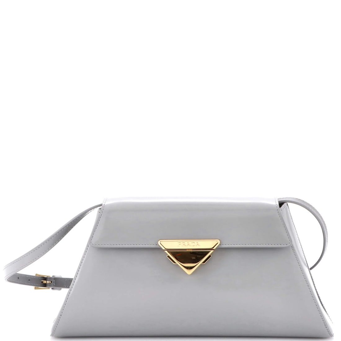 Prada Trapezoid Flap Shoulder Bag in Brushed Leather: Prada Trapezoid Flap Shoulder Bag in Brushed Leather A sleek and sophisticated Prada Trapezoid Flap Shoulder Bag in brushed leather, boasting a timeless trapezoidal design with a classic flap closure.