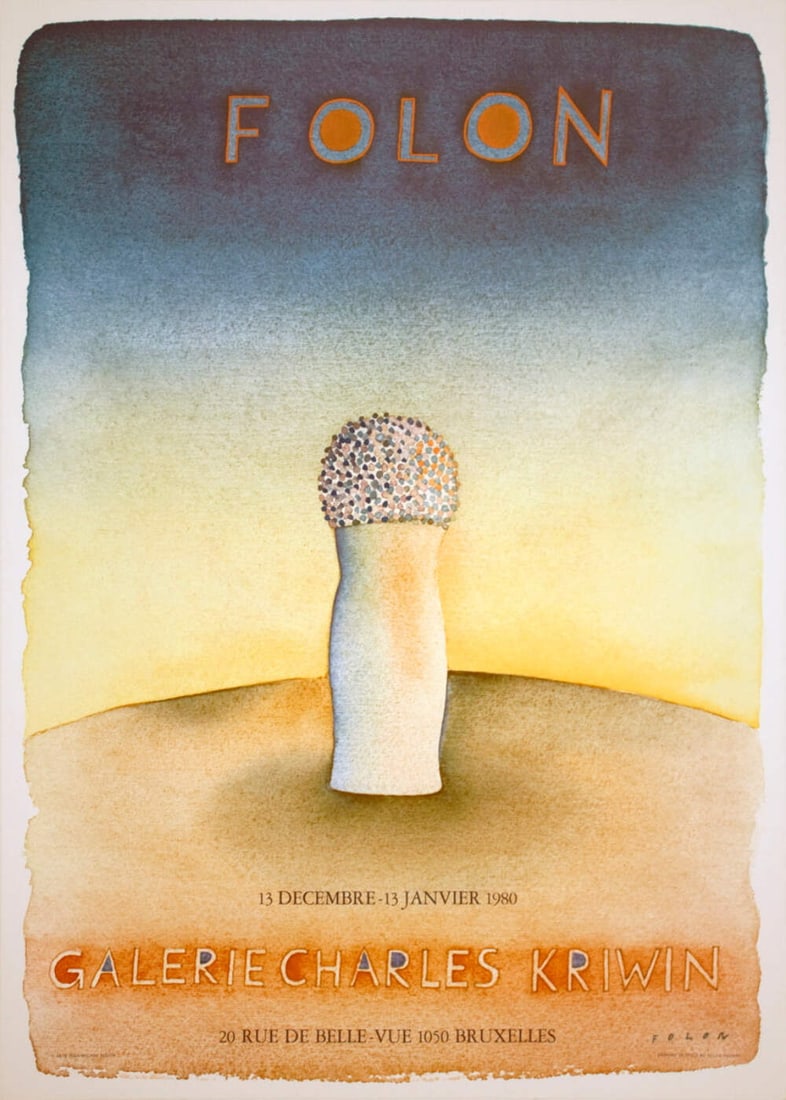 M JEAN-MICHEL FOLON Galerie Charles Kriwin 25.5" x 18.25" Poster 1979 Surrealism: M JEAN-MICHEL FOLON Galerie Charles Kriwin 25.5" x 18.25" Poster 1979 Surrealism A rare and striking poster from Belgian surrealist Jean-Michel Folon, titled Galerie Charles Kriwin, is up for auction.