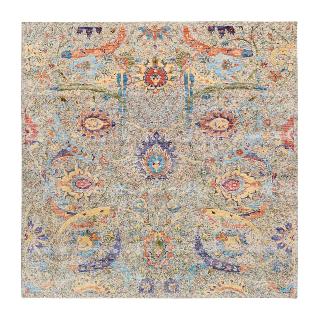 Rug 8'x8' Tan Hand Knotted Silk With Textured Wool Oriental Square: Rug 8'x8' Tan Hand Knotted Silk With Textured Wool Oriental Square Experience the timeless beauty of Indian craftsmanship with this stunning 8x8' hand-knotted silk and wool oriental square rug, boasti
