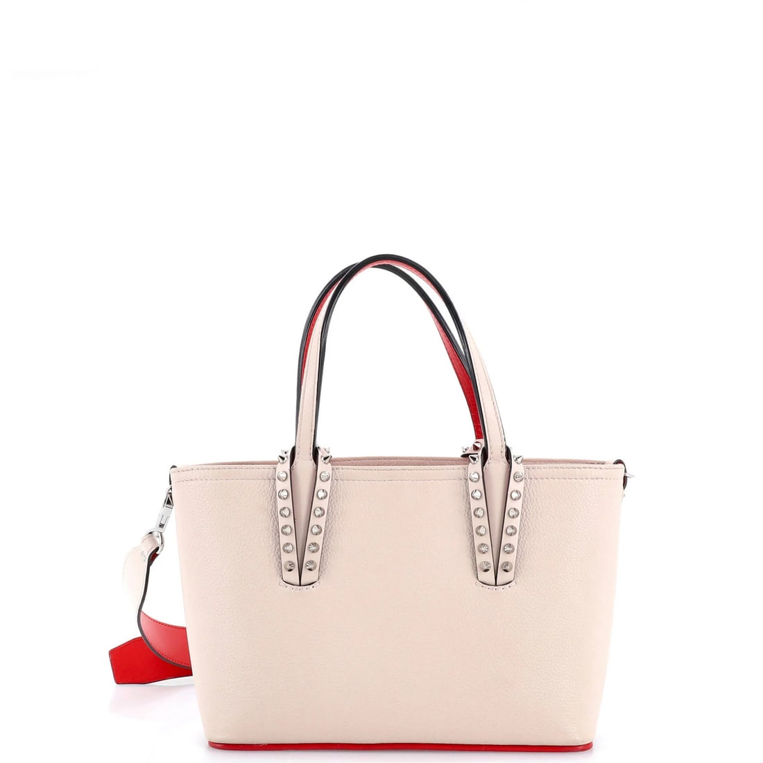 Christian Louboutin Cabata Mini Leather Tote (East/ West): Christian Louboutin Cabata Mini Leather Tote (East/ West) The Christian Louboutin Cabata Mini Leather Tote is a chic and stylish accessory that exudes luxury with its neutral exterior and bold red int