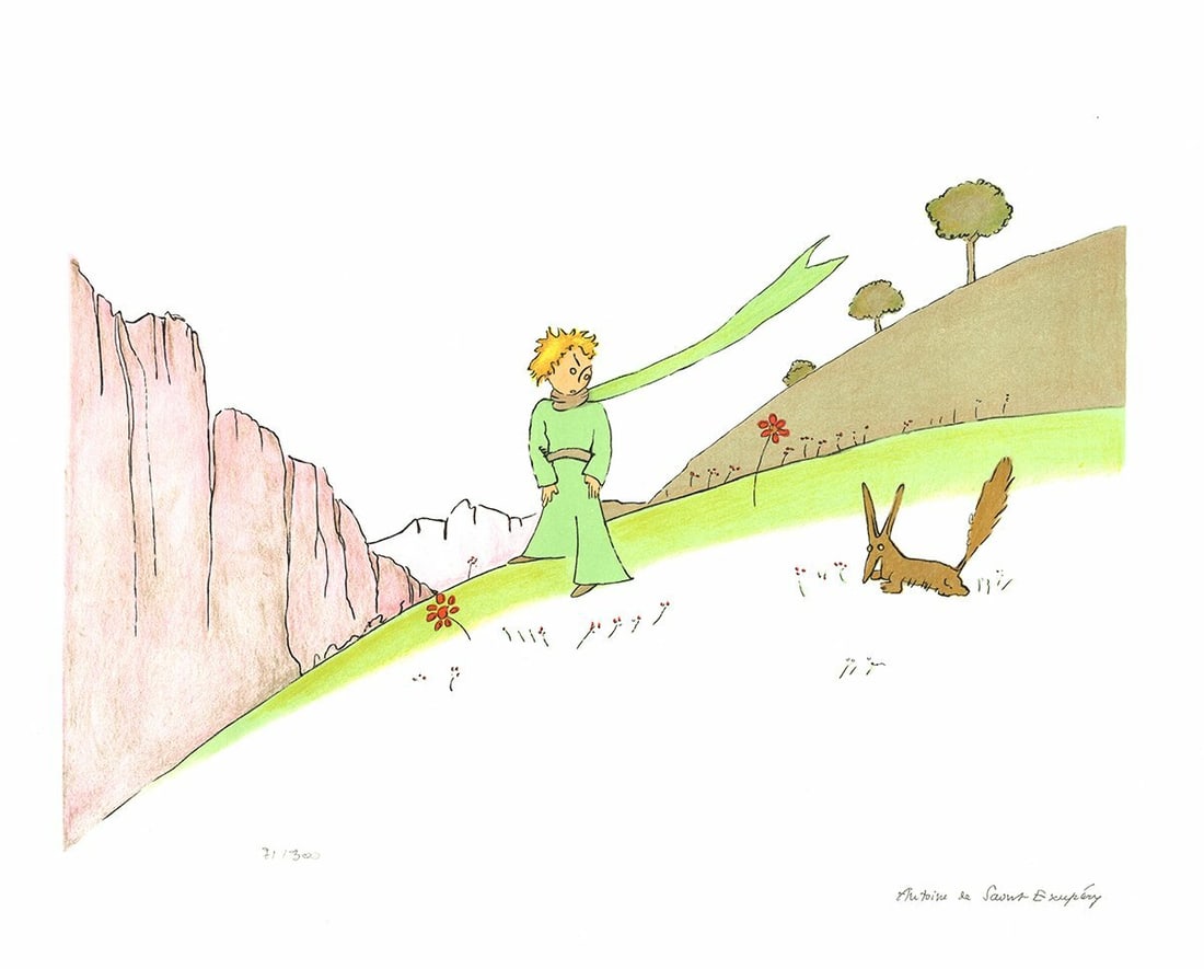ANTOINE DE SAINT EXUPERY Le Petit Prince et Renard (lg) 15.75" x 19.75" Litho: ANTOINE DE SAINT EXUPERY Le Petit Prince et Renard (lg) 15.75" x 19.75" Litho A stunning modern lithograph by French artist Antoine de Saint Exupery, Le Petit Prince et le Renard is a large-scale prin
