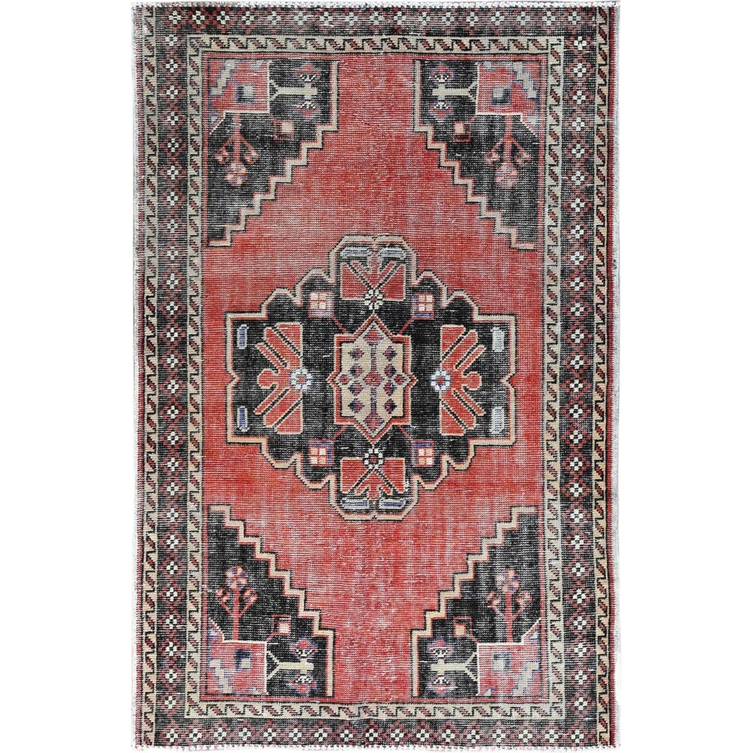 Rug 3'10"x6' Red Vintage Zoroastrian Heris Hand Knotted Wool Worn Down: Rug 3'10"x6' Red Vintage Zoroastrian Heris Hand Knotted Wool Worn Down Experience the rich history and cultural heritage of Turkey with this stunning, vintage Zoroastrian Heris hand-knotted wool rug.