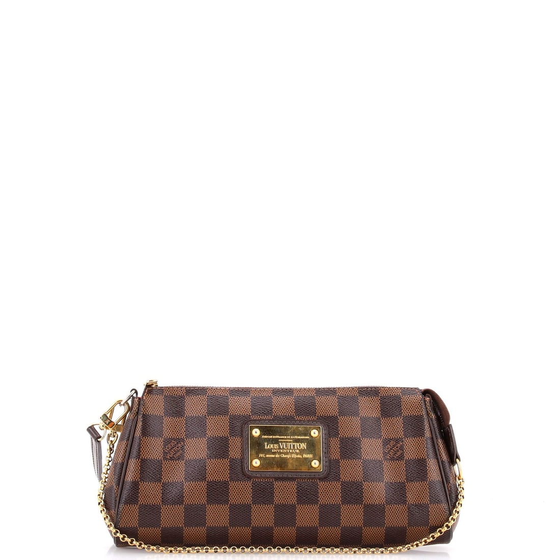 Louis Vuitton Eva Handbag in Damier: Louis Vuitton Eva Handbag in Damier A timeless Louis Vuitton Eva handbag in rich brown Damier canvas, boasting a classic clutches design with gold hardware and subtle red interior accents. With its st