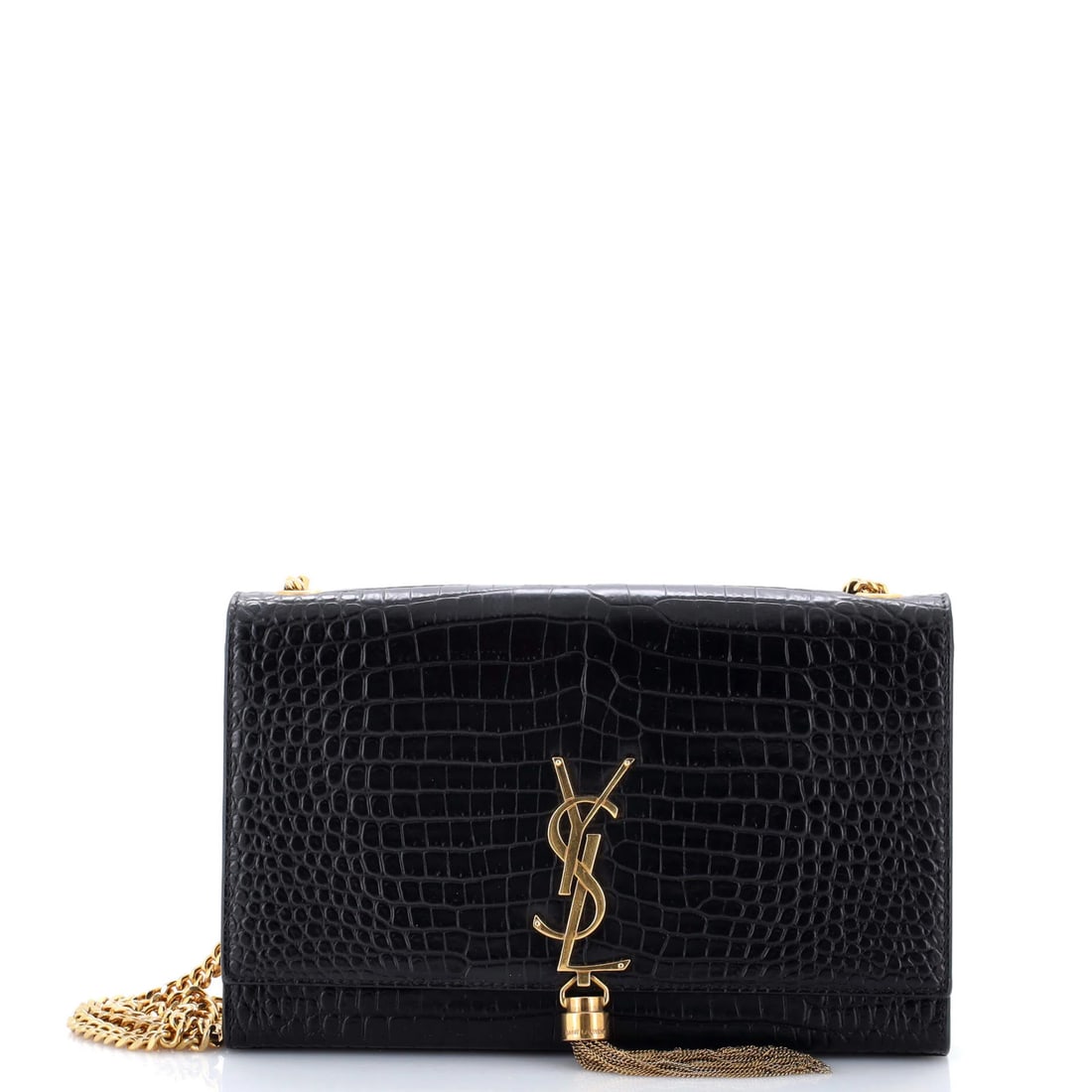 Saint Laurent Classic Monogram Tassel Crossbody Bag in Crocodile Embossed Leather: Saint Laurent Classic Monogram Tassel Crossbody Bag in Crocodile Embossed Leather Elevate your style with the iconic Saint Laurent Classic Monogram Tassel Crossbody Bag, crafted from luxurious crocodi