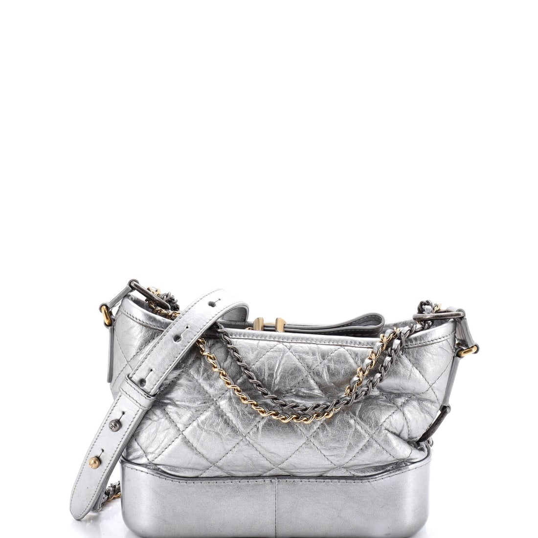 Small Chanel Gabrielle Hobo Quilted Aged Calfskin: Small Chanel Gabrielle Hobo Quilted Aged Calfskin A timeless piece of luxury, the Chanel Gabrielle Hobo Quilted Aged Calfskin exudes sophistication with its silver exterior and quilted design. With a