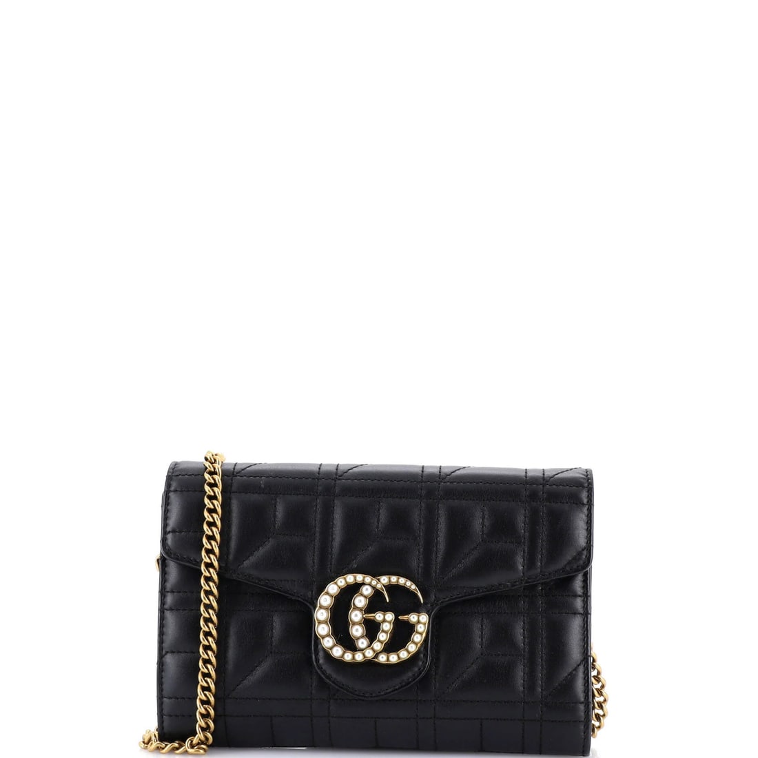 Gucci Pearly GG Marmont Chain Wallet in Matelasse Leather Mini: Gucci Pearly GG Marmont Chain Wallet in Matelasse Leather Mini The Gucci Pearly GG Marmont Chain Wallet in Matelasse Leather Mini is a chic and sophisticated accessory that exudes luxury. With its ico