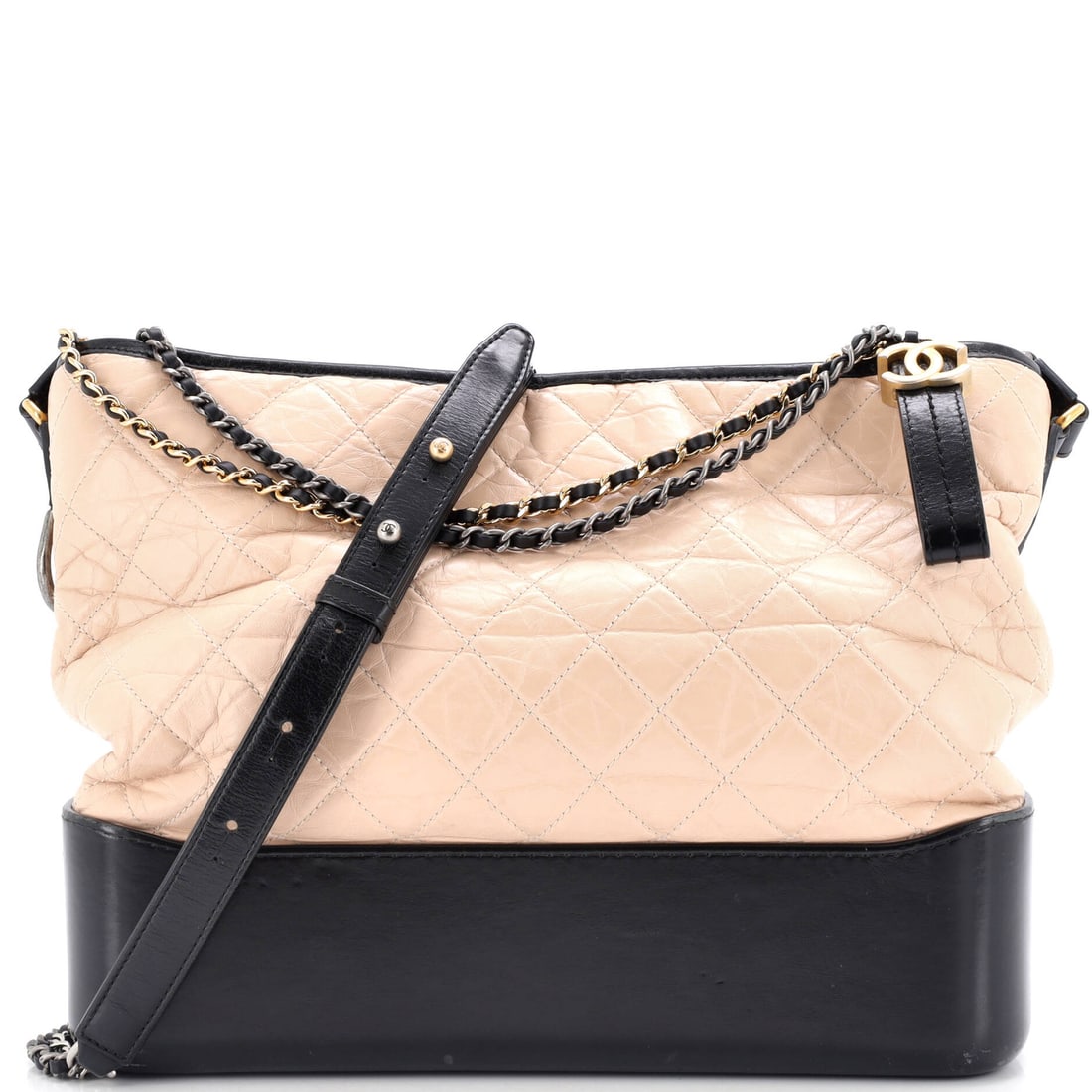 Large Chanel Gabrielle Hobo Quilted Aged Calfskin: Large Chanel Gabrielle Hobo Quilted Aged Calfskin Experience the timeless elegance of Chanel's Gabrielle Hobo Quilted Aged Calfskin, a large and spacious bag with a neutral exterior that exudes unders