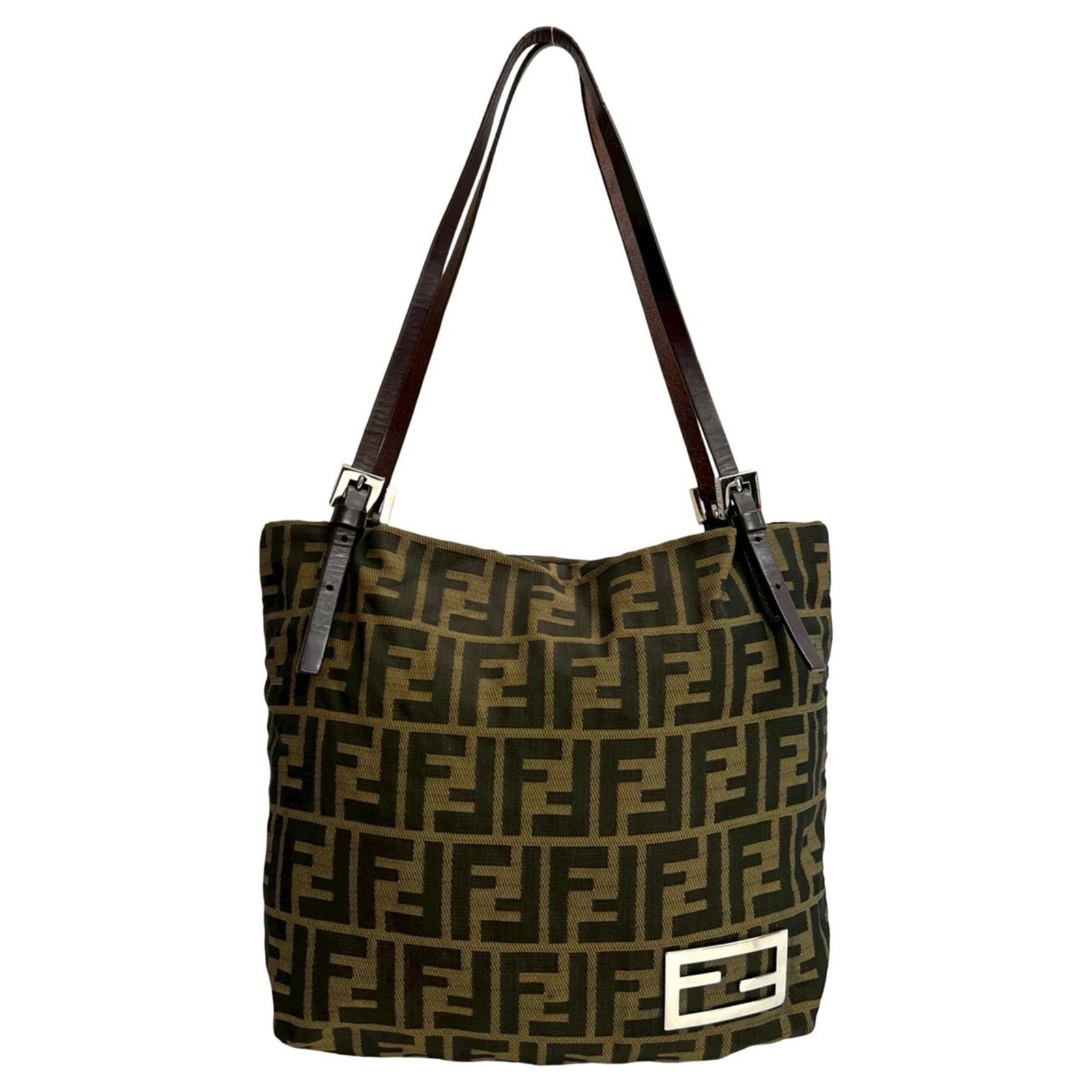 Fendi Canvas and Leather Shoulder Tote Bag: Fendi Canvas and Leather Shoulder Tote Bag A chic and timeless Fendi shoulder tote, crafted from high-quality canvas and rich leather, boasts a sleek black finish that exudes sophistication. With its
