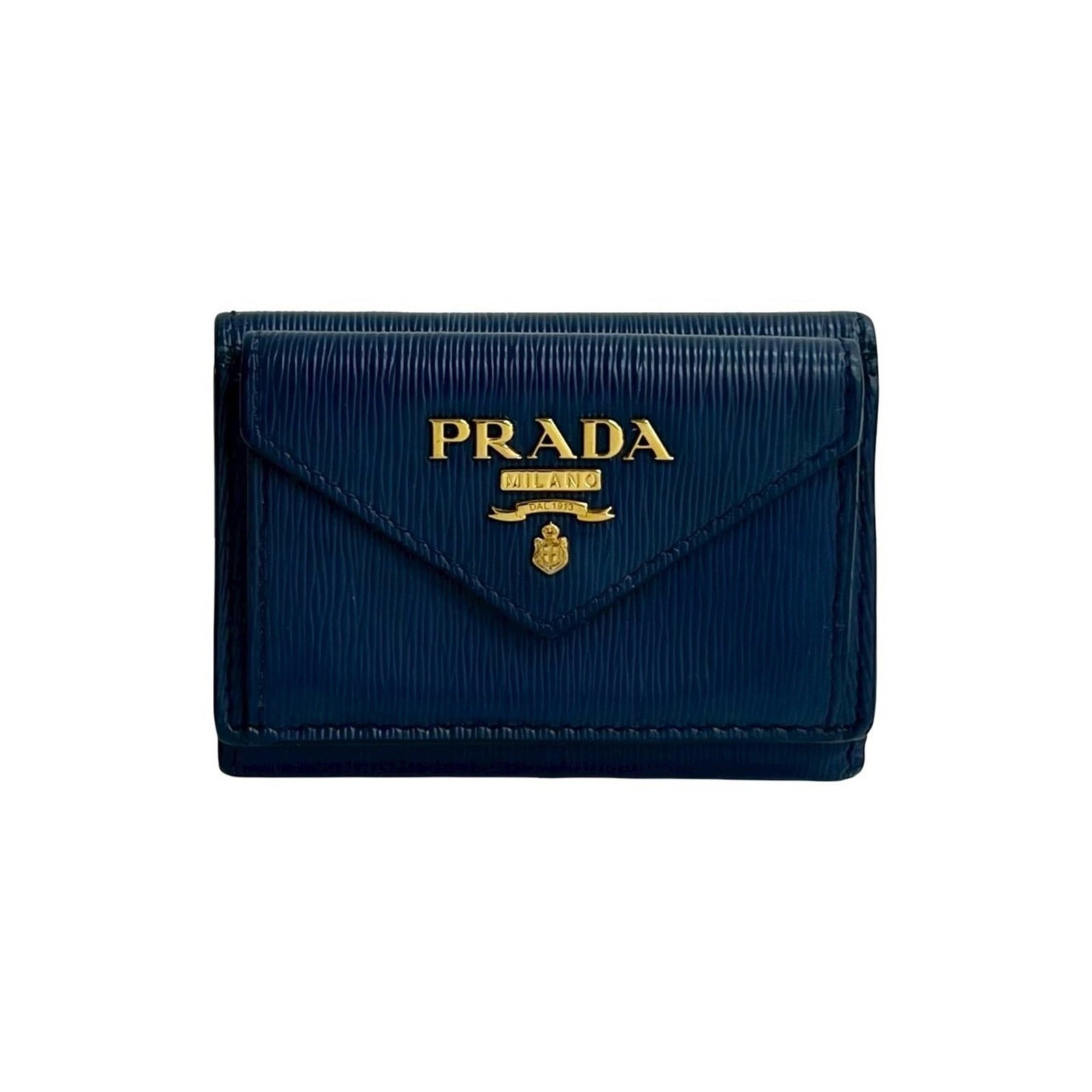 Prada Tri-Fold Leather Wallet: Prada Tri-Fold Leather Wallet A stylish and practical Prada tri-fold leather wallet, perfect for everyday use, boasts a sleek blue hue and durable construction. With its classic design and high-qualit