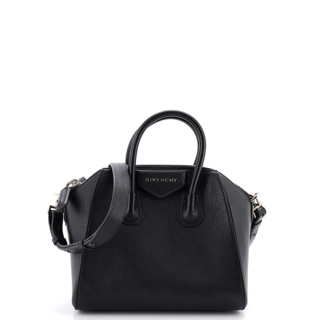 Givenchy Antigona Mini Leather Bag: Givenchy Antigona Mini Leather Bag The Givenchy Antigona Mini Leather Bag is a sleek and sophisticated accessory that exudes luxury. With its classic cross-body design, black leather exterior, and sil