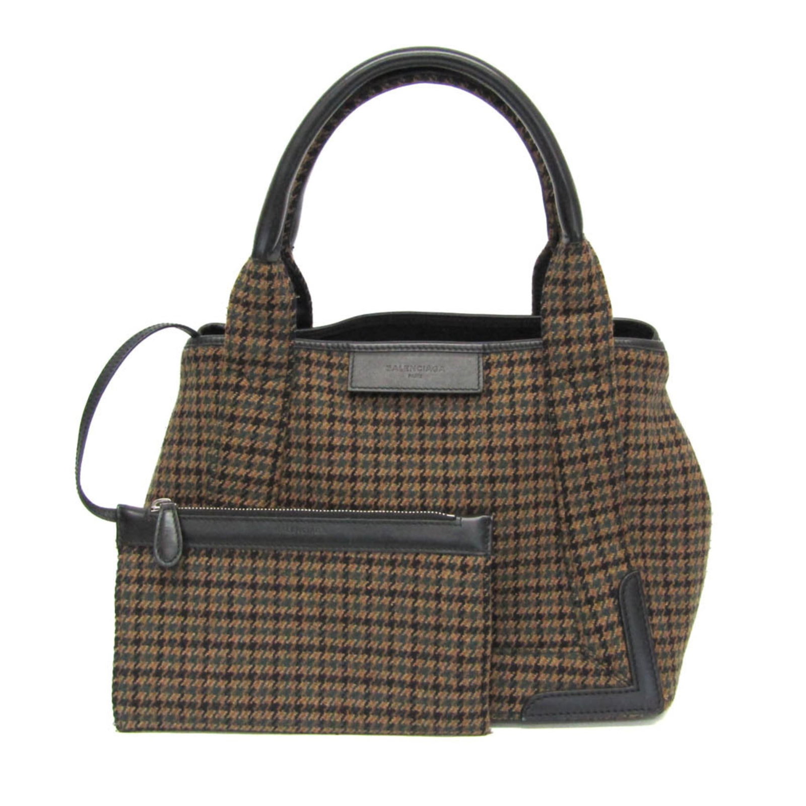 Balenciaga Wool and Leather Handbag: Balenciaga Wool and Leather Handbag Elevate your style with the timeless Balenciaga wool and leather handbag, boasting a rich brown and green color combination that adds depth to any outfit. The spaci