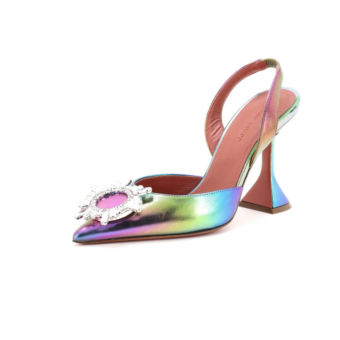 95 Amina Muaddi Women's Begum Pumps Leather: 95 Amina Muaddi Women's Begum Pumps Leather Elevate your shoe game with the stunning Amina Muaddi Women's Begum Pumps Leather, boasting sleek metallic and multicolor accents that add a touch of sophis