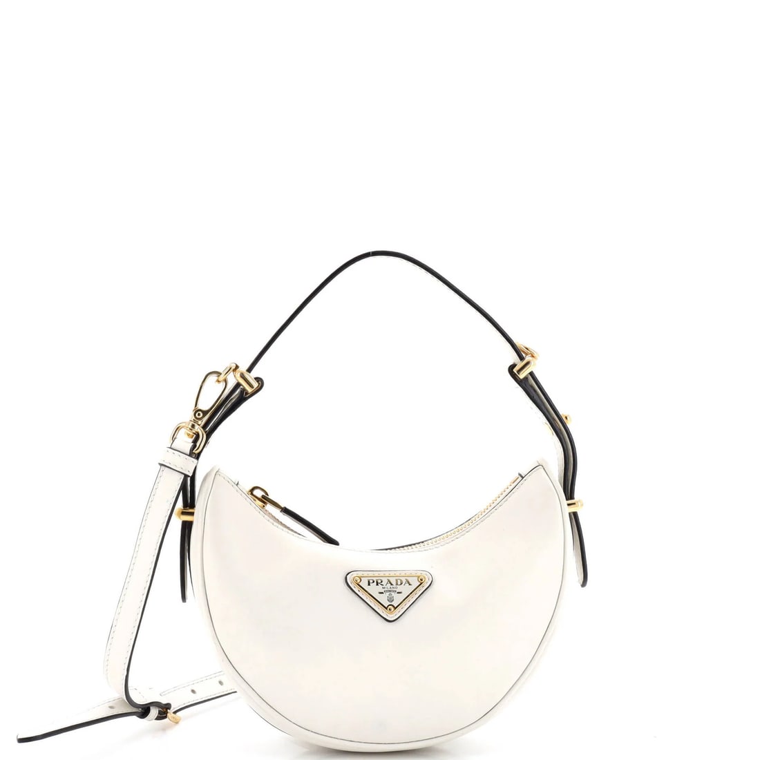 Mini Prada Arque Half Moon Hobo Leather: Mini Prada Arque Half Moon Hobo Leather A rare and coveted Mini Prada Arque Half Moon Hobo Leather, this miniature masterpiece boasts sleek white leather exterior with subtle gold hardware, evoking th