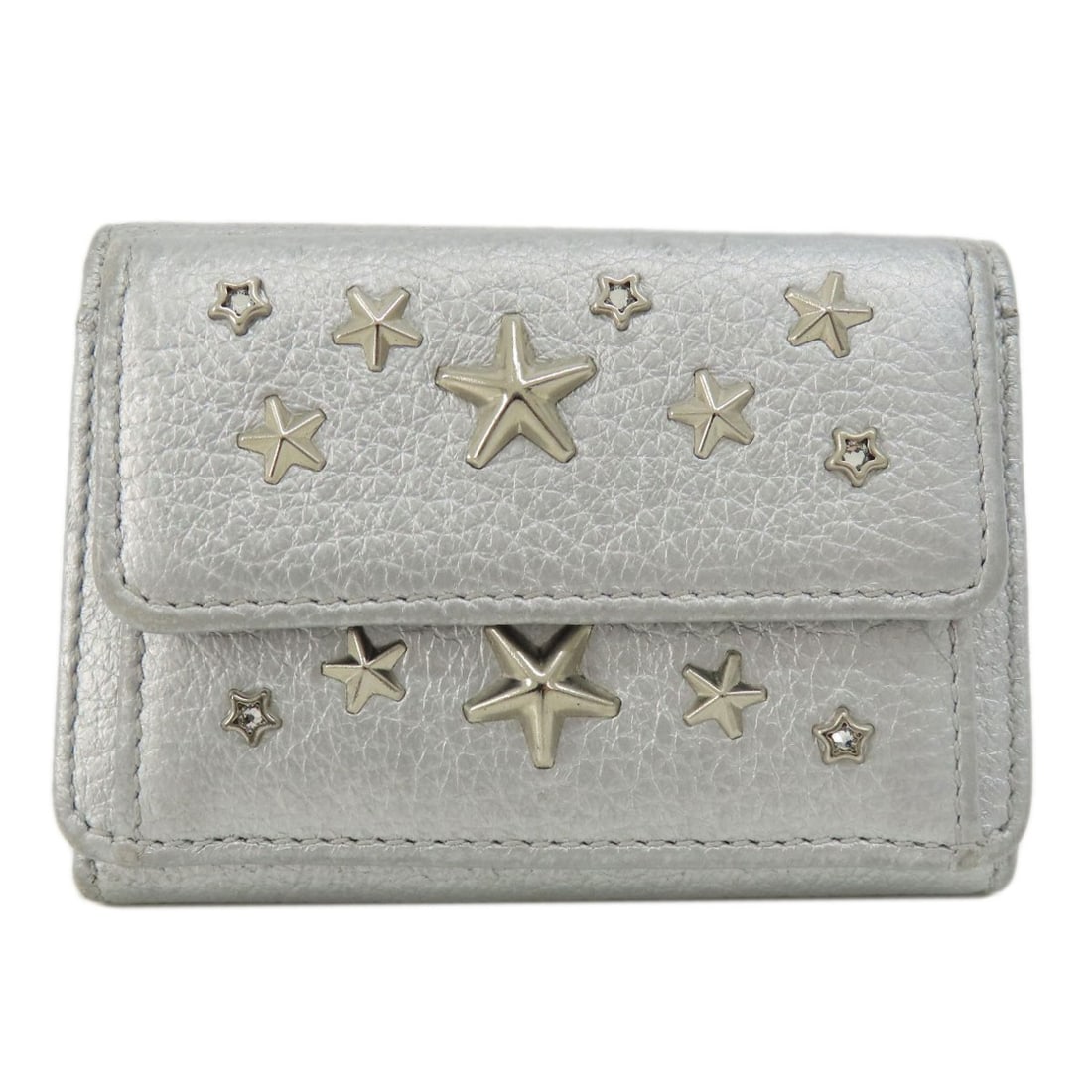 Jimmy Choo Star Motif Bifold Wallet with Coin Pocket Leather: Jimmy Choo Star Motif Bifold Wallet with Coin Pocket Leather Elevate your everyday style with the Jimmy Choo Star Motif Bifold Wallet, crafted from luxurious Italian leather and boasting a sleek silve