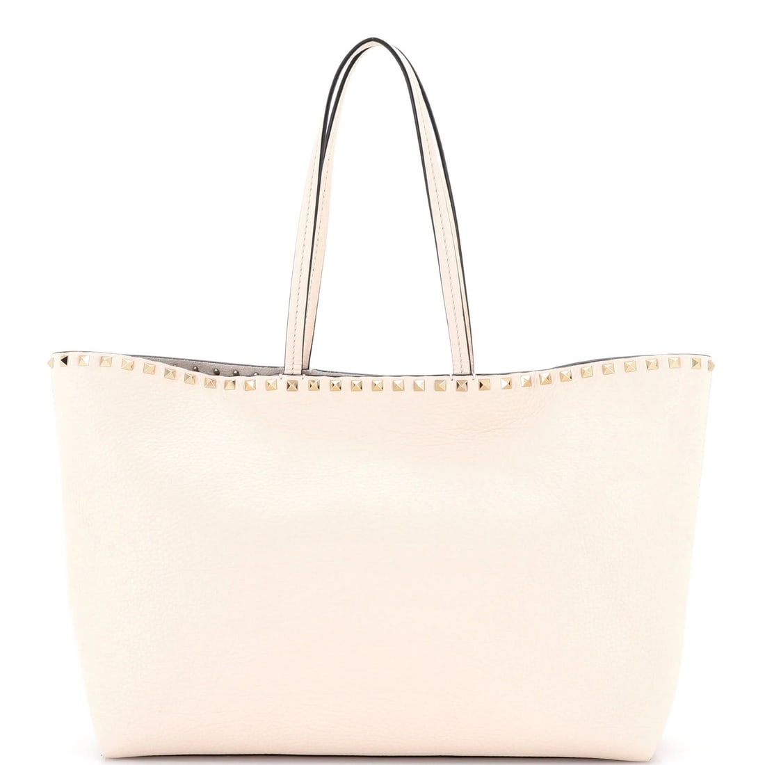 Valentino Garavani Rockstud Large Leather Shopper Tote: Valentino Garavani Rockstud Large Leather Shopper Tote Elevate your style with the iconic Valentino Garavani Rockstud Large Leather Shopper Tote, boasting sleek neutral exterior and sumptuous suede in
