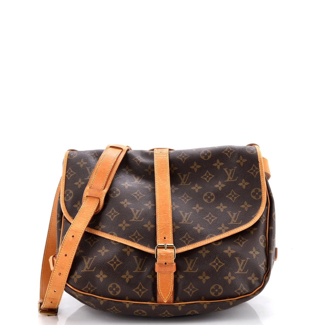 35 Louis Vuitton Saumur Handbag Monogram Canvas: 35 Louis Vuitton Saumur Handbag Monogram Canvas A pre-owned Louis Vuitton Saumur Handbag Monogram Canvas in rich brown, boasting the iconic monogram pattern on its canvas exterior and luxurious gold