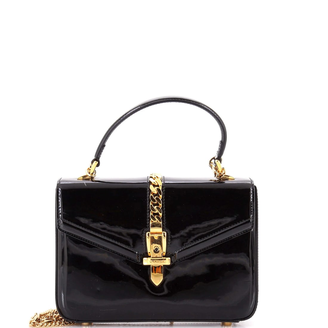 Gucci Sylvie 1969 Mini Patent Top Handle Bag: Gucci Sylvie 1969 Mini Patent Top Handle Bag Experience the iconic style of Gucci's 1969 Sylvie Mini Patent Top Handle Bag, boasting sleek patent leather and gold hardware that exudes sophistication.