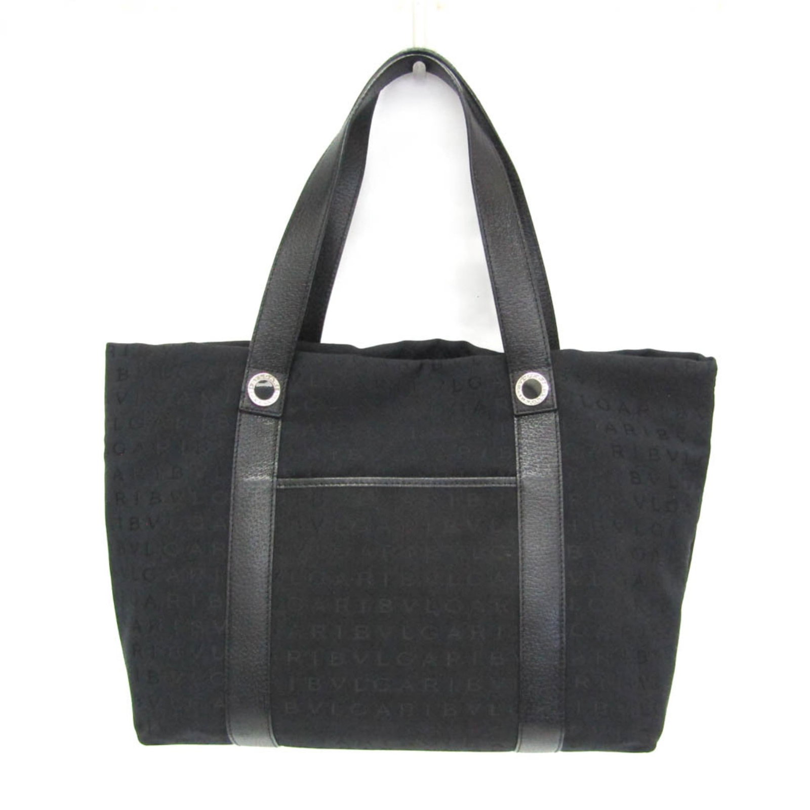 Bvlgari Canvas and Leather Handbag: Bvlgari Canvas and Leather Handbag Elevate your style with the sophisticated Bvlgari canvas and leather handbag, boasting a sleek black design that exudes luxury. With its spacious open pockets and po