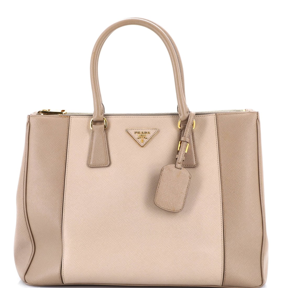Prada Bicolor Double Zip Lux Saffiano Leather Medium Tote: Prada Bicolor Double Zip Lux Saffiano Leather Medium Tote Experience the timeless elegance of Prada's Bicolor Double Zip Lux Saffiano Leather Medium Tote, crafted from premium Saffiano leather with a
