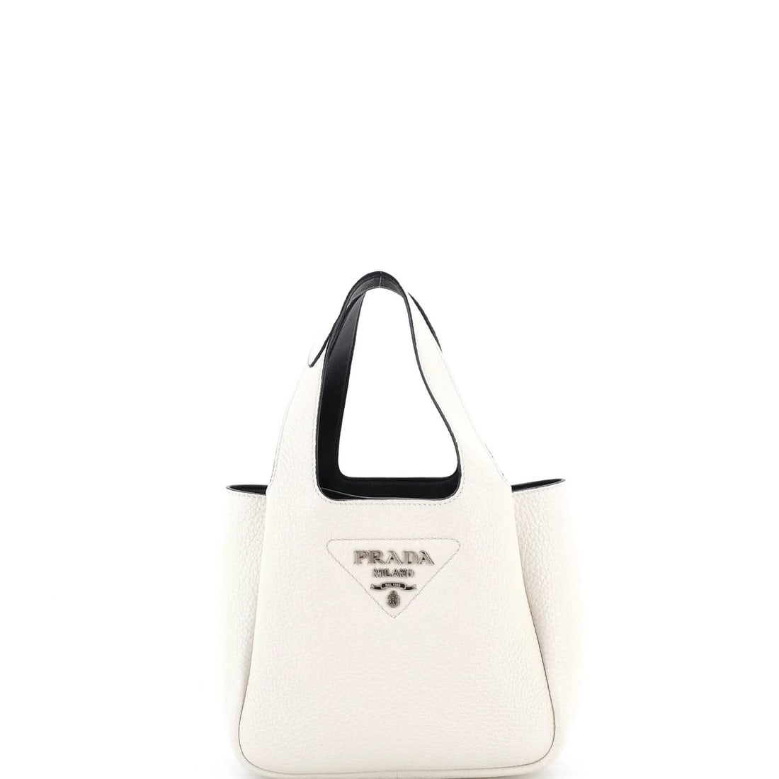 Prada Flou Vitello Daino Mini Open Tote: Prada Flou Vitello Daino Mini Open Tote The Prada Flou Vitello Daino Mini Open Tote is a chic and spacious mini bag, perfect for everyday essentials. Its sleek white leather exterior and silver hardwa