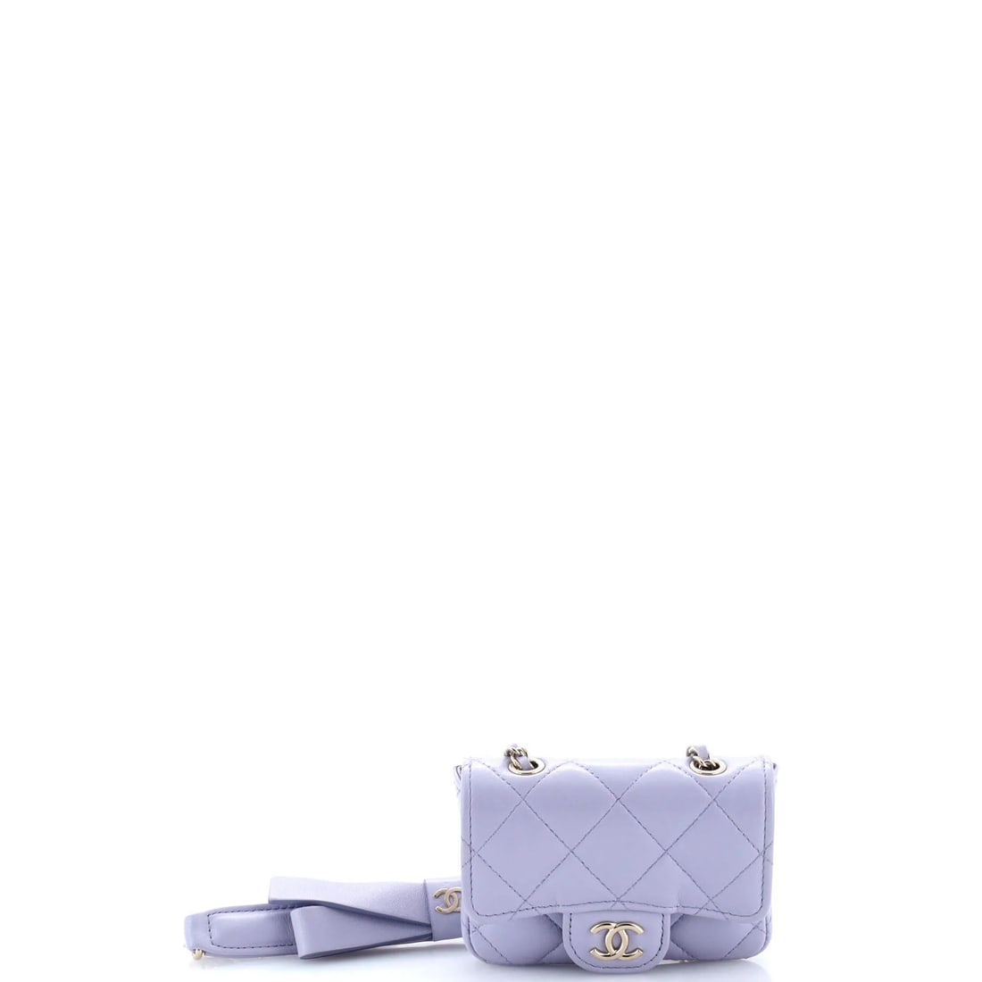 Chanel Bow Strap Classic Flap Mini Clutch in Quilted Lambskin with Chain: Chanel Bow Strap Classic Flap Mini Clutch in Quilted Lambskin with Chain Elevate your evening look with the iconic Chanel Bow Strap Classic Flap Mini Clutch, crafted from luxurious quilted lambskin in
