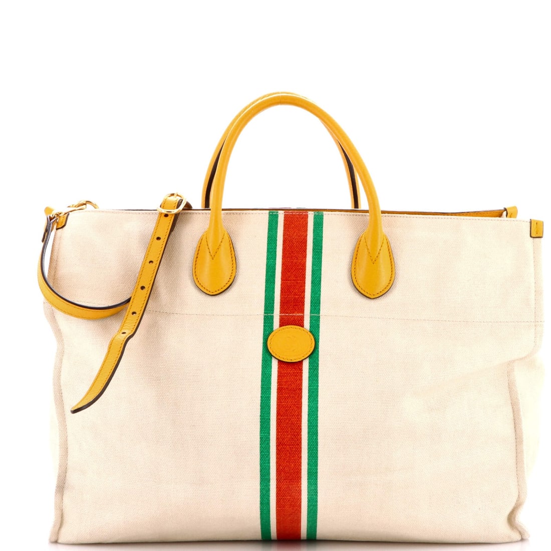 Gucci Interlocking G Web Canvas Large Tote: Gucci Interlocking G Web Canvas Large Tote Elevate your everyday style with the iconic Gucci Interlocking G Web Canvas Large Tote, boasting a neutral canvas exterior and spacious interior perfect for