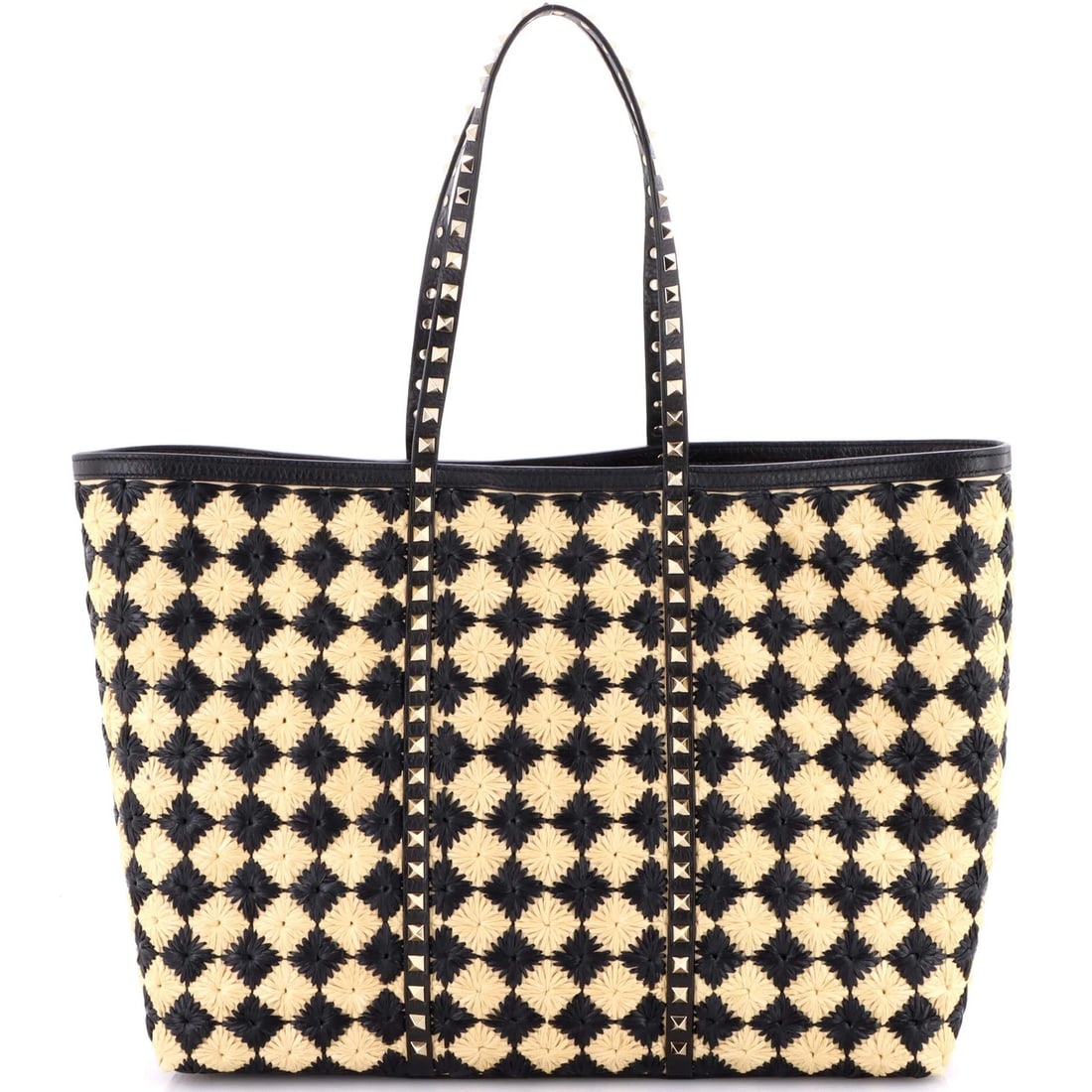 Valentino Garavani Rockstud Embroidered Raffia Shopping Bag (Large): Valentino Garavani Rockstud Embroidered Raffia Shopping Bag (Large) Elevate your daily style with the luxurious Valentino Garavani Rockstud Embroidered Raffia Shopping Bag, boasting sleek black exteri