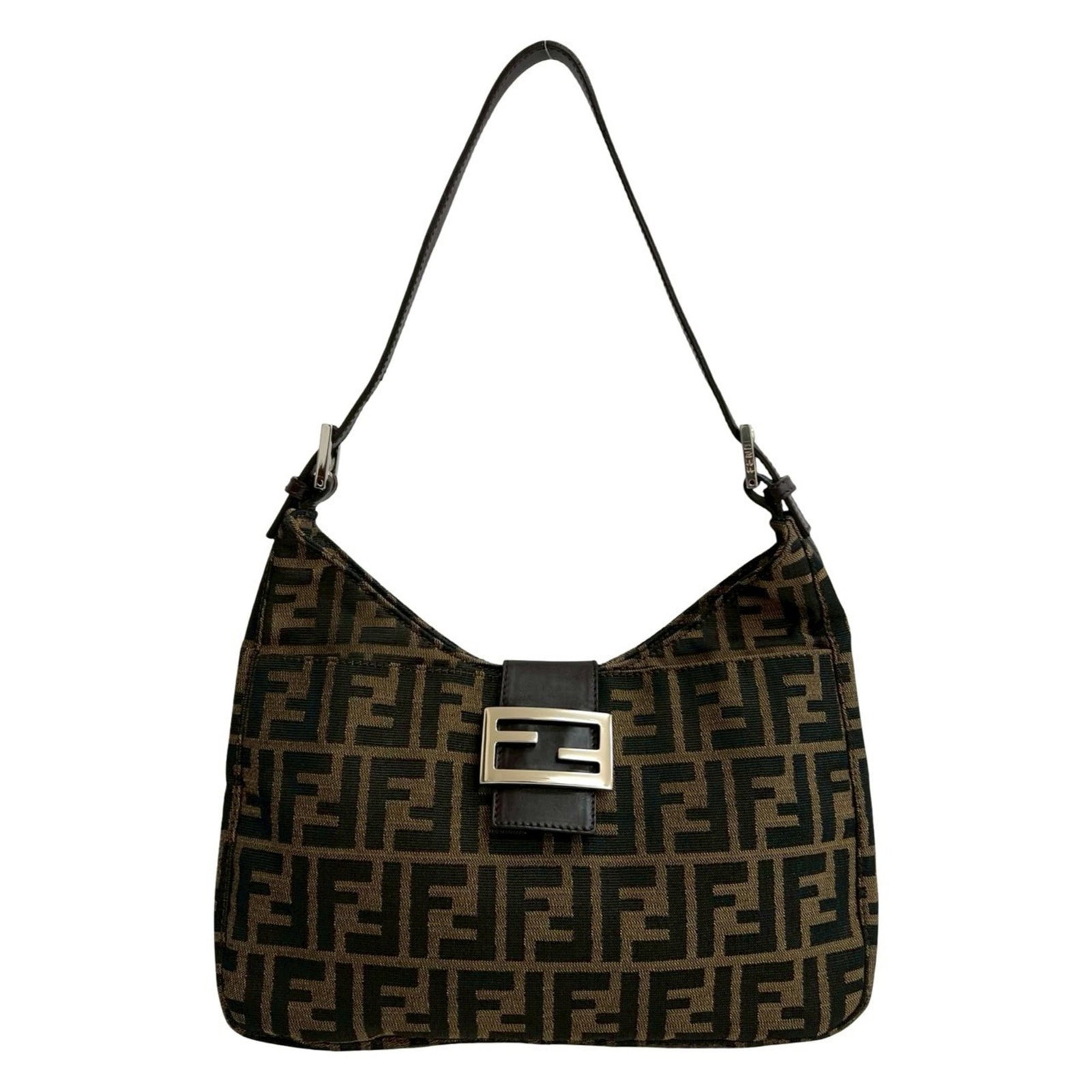 Fendi Canvas and Leather Shoulder Bag: Fendi Canvas and Leather Shoulder Bag A chic and timeless Fendi shoulder bag, crafted from durable canvas and supple leather, boasts a sleek black finish that adds sophistication to any outfit. With i