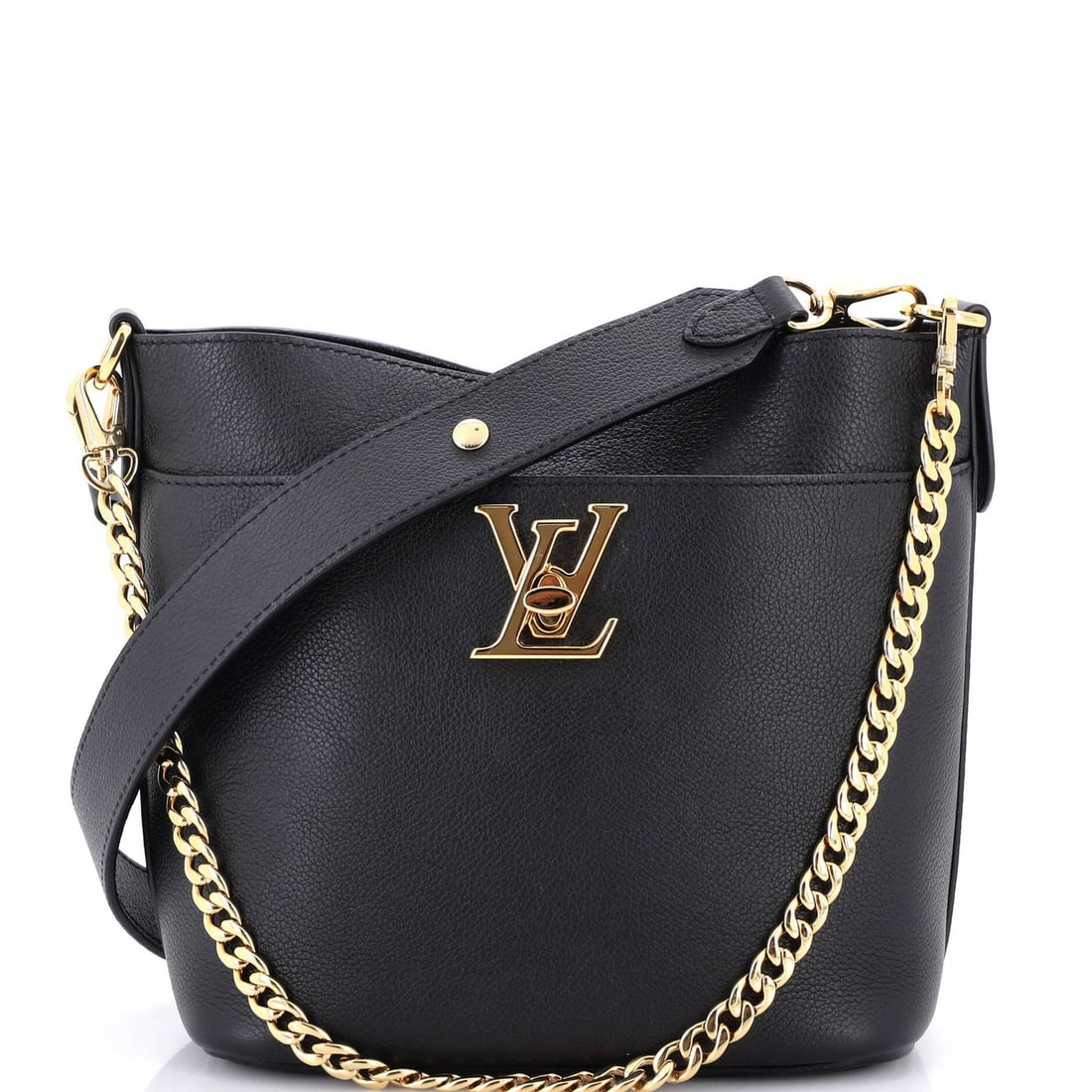 Louis Vuitton Leather Lock & Walk Bucket Bag: Louis Vuitton Leather Lock & Walk Bucket Bag A sleek and timeless Louis Vuitton Lock & Walk Bucket Bag, boasting classic black leather exterior with gold hardware, adds an air of sophistication to any
