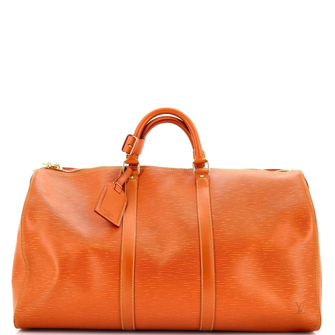 50 Louis Vuitton Keepall Bag Epi Leather: 50 Louis Vuitton Keepall Bag Epi Leather A classic Louis Vuitton Keepall Bag in rich brown Epi leather, perfect for everyday travel or as a stylish accessory. With its timeless design and gold hardwar