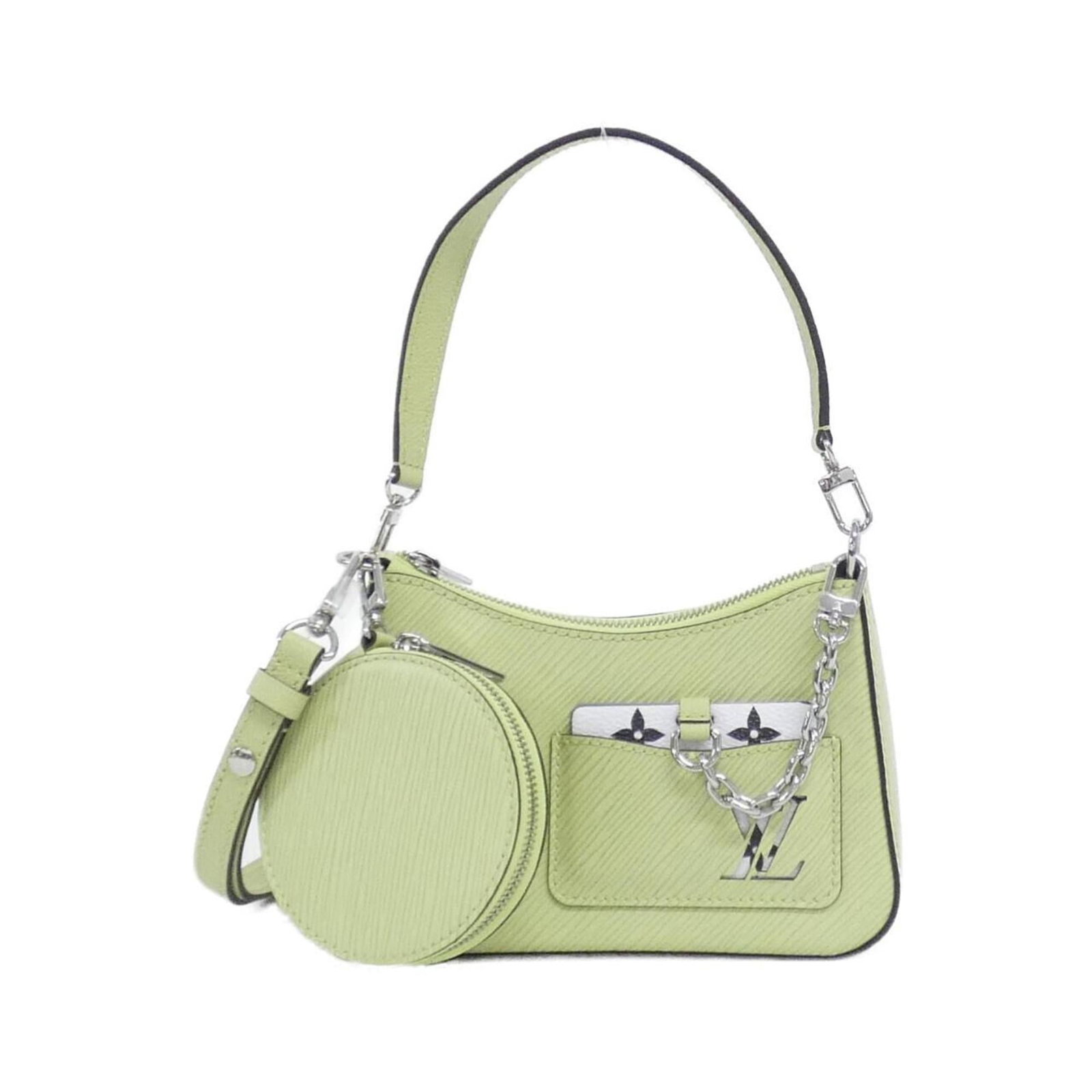 Louis Vuitton Leather Shoulder Pouch: Louis Vuitton Leather Shoulder Pouch A chic and timeless accessory, this Louis Vuitton leather shoulder pouch boasts classic green calfskin leather with sleek silver hardware, adding an air of sophist