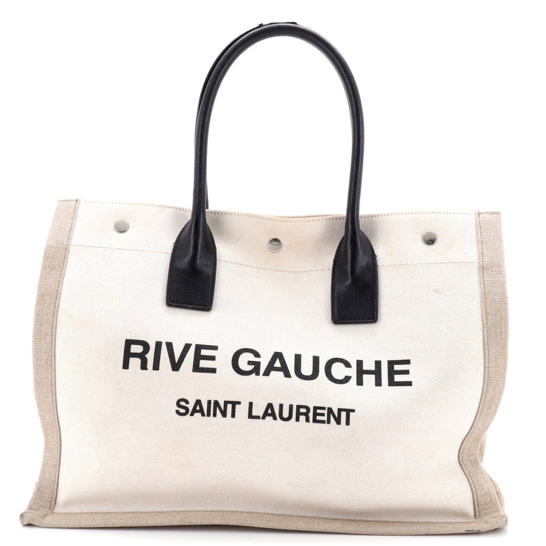 Small Saint Laurent Rive Gauche Shopper Tote Canvas: Small Saint Laurent Rive Gauche Shopper Tote Canvas For sale is a pre-owned Saint Laurent Rive Gauche Shopper Tote Canvas in neutral, with heavy corner wear and scuffs giving it a well-loved, vintage