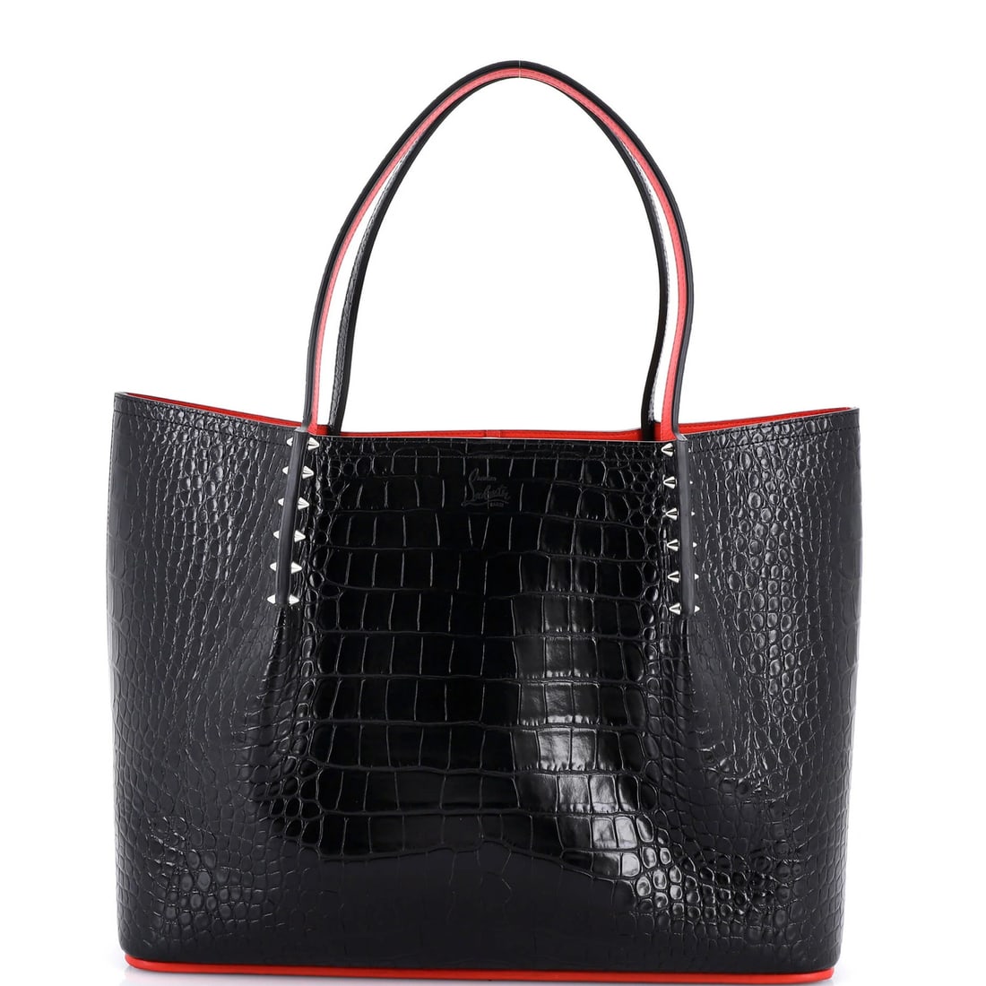 Christian Louboutin Cabarock Large Tote in Crocodile Embossed Leather: Christian Louboutin Cabarock Large Tote in Crocodile Embossed Leather Elevate your style with the iconic Christian Louboutin Cabarock Large Tote, boasting striking crocodile embossed leather that adds