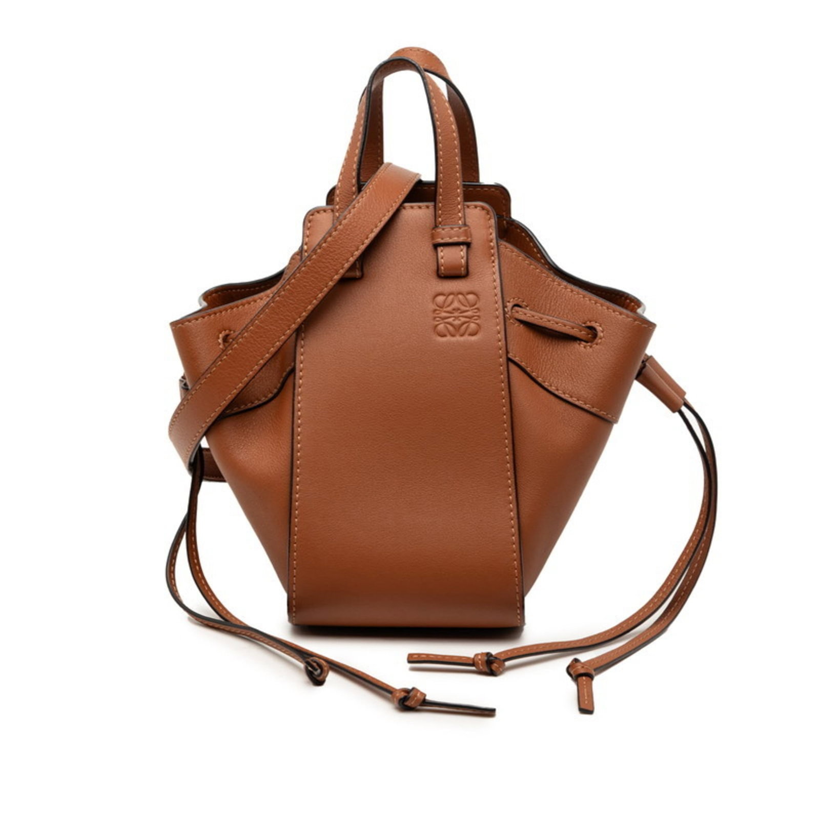 Loewe Leather Shoulder Bag: Loewe Leather Shoulder Bag Experience the timeless elegance of Loewe with this beautifully crafted leather shoulder bag, boasting a rich brown hue and sturdy string closure. The spacious interior offe