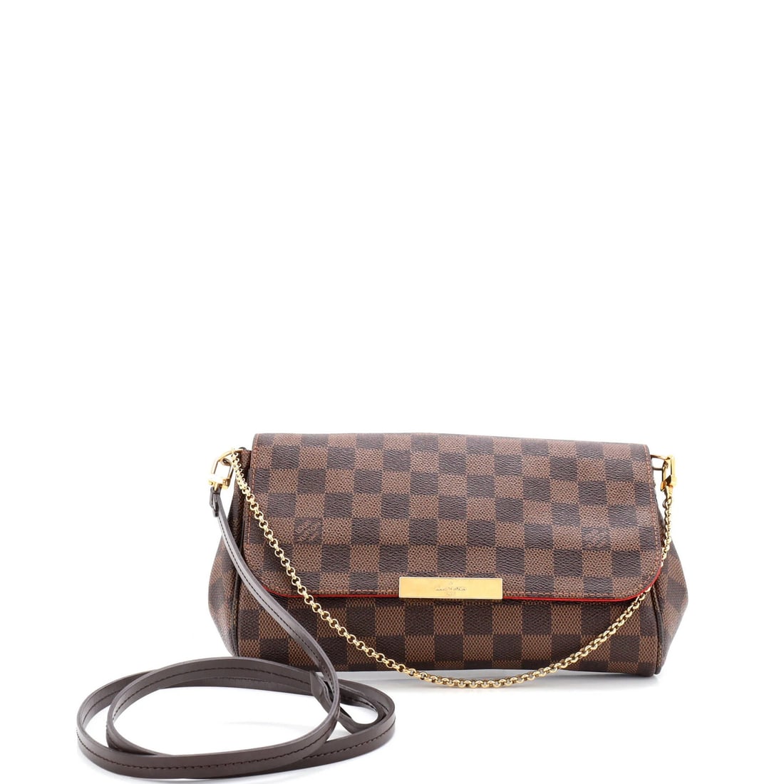 Louis Vuitton Damier MM Favorite Handbag: Louis Vuitton Damier MM Favorite Handbag Experience the timeless elegance of Louis Vuitton's iconic Damier MM Favorite Handbag, boasting a rich brown canvas exterior with subtle gold hardware and a vi