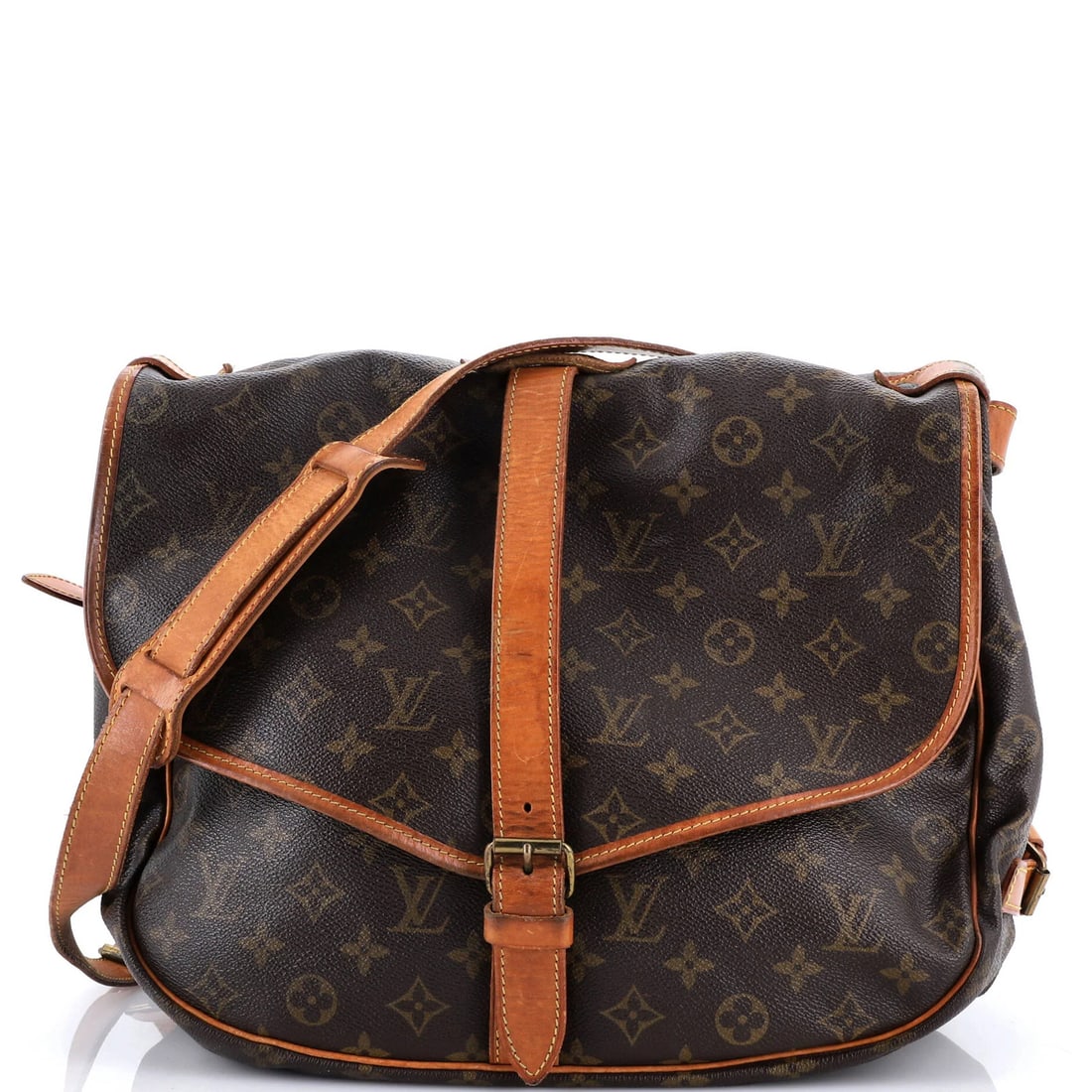 43 Louis Vuitton Saumur Handbag Monogram Canvas: 43 Louis Vuitton Saumur Handbag Monogram Canvas A pre-owned Louis Vuitton Saumur Handbag in rich brown canvas, boasting the iconic monogram pattern, is up for grabs. With its spacious interior and adj