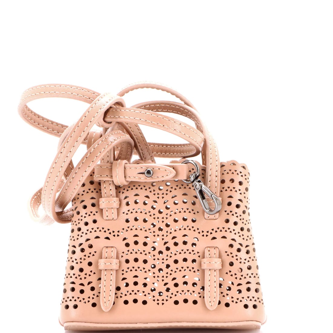 Alaia Mina Mini Laser Cut Leather Tote: Alaia Mina Mini Laser Cut Leather Tote Elevate your daily essentials with the Alaia Mina Mini Laser Cut Leather Tote, boasting sleek lines and precision-cut leather details that add an edgy touch to a