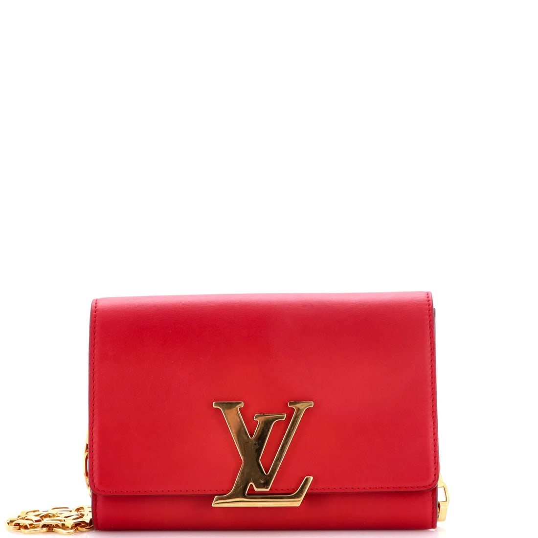 Louis Vuitton GM Leather Chain Clutch: Louis Vuitton GM Leather Chain Clutch Elevate your evening look with the iconic Louis Vuitton Chain Louise Clutch, boasting a striking red leather exterior and gold hardware that adds a touch of luxur