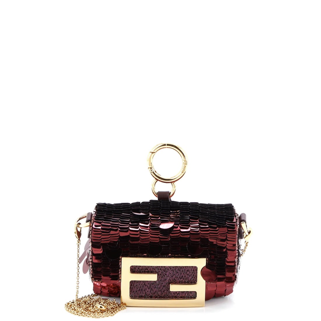 Nano Fendi Chain Baguette Charm Bag Sequins: Nano Fendi Chain Baguette Charm Bag Sequins Add a touch of luxury to your accessories with the Nano Fendi Chain Baguette Charm Bag Sequins, a vibrant red sequin bag that shines bright. Its sleek nano