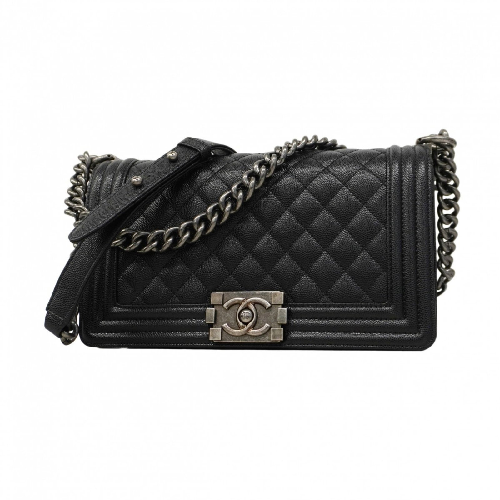 Chanel Grained Calfskin Shoulder Bag: Chanel Grained Calfskin Shoulder Bag A timeless Chanel shoulder bag in sleek black grained calfskin, adorned with silver hardware and exuding effortless elegance. This pre-owned beauty boasts a classi