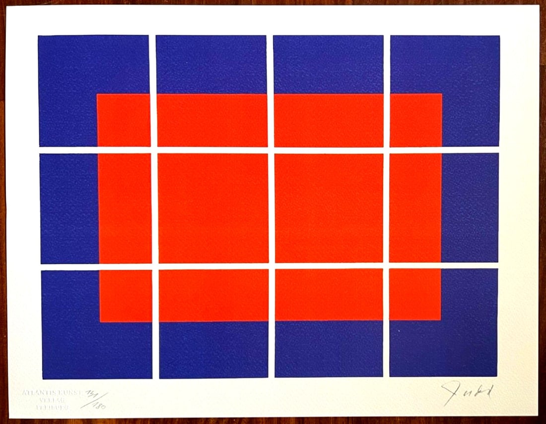 Donald Judd Lithograph #180: Donald Judd Lithograph #180 A rare opportunity to own a piece of modern art history, this 1987 chromolithograph by Donald Judd is one of only 180 copies printed by Atlantis Verlag. Signed by the artis