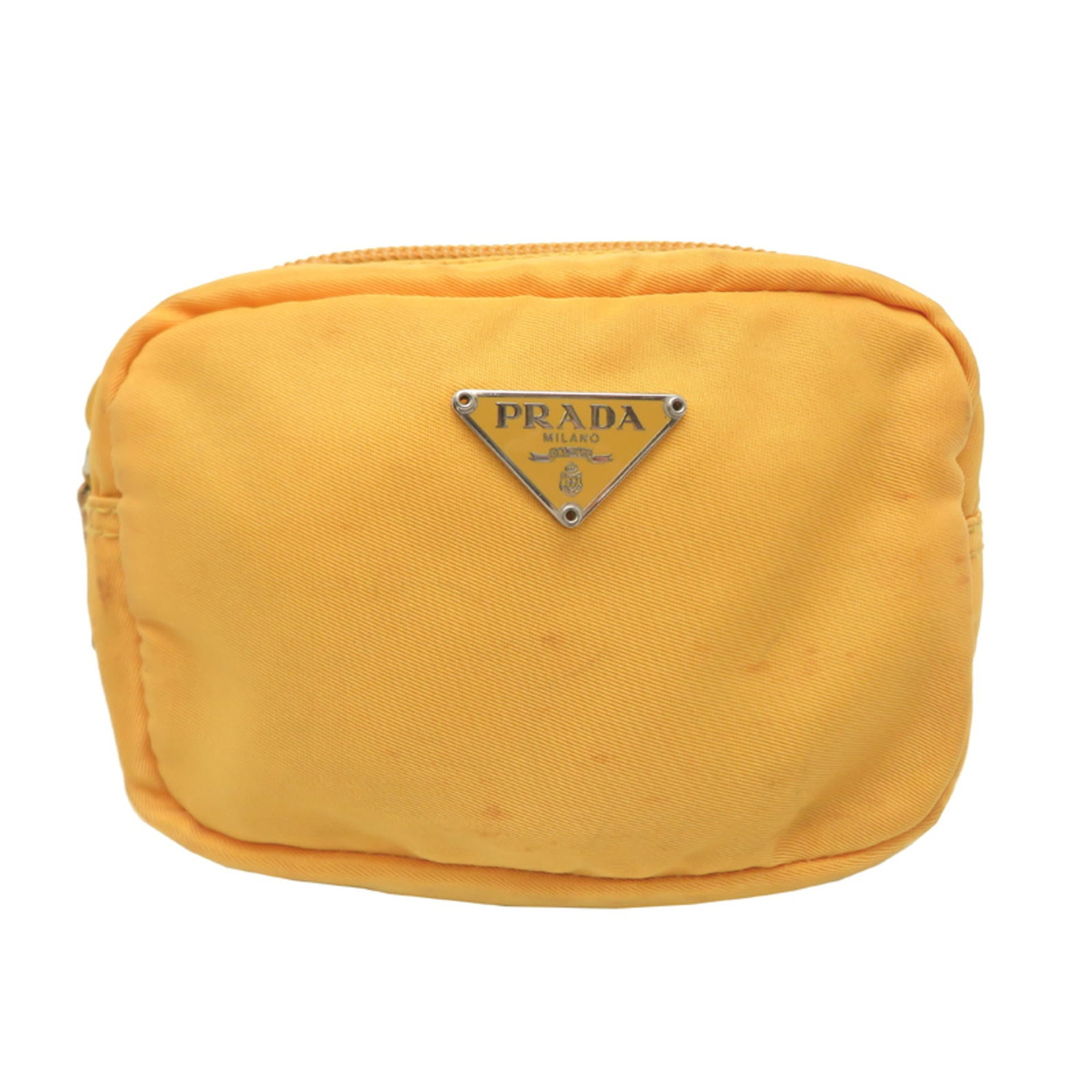 Prada Pouch in Nylon: Prada Pouch in Nylon A vibrant yellow Prada pouch made from durable nylon, this stylish accessory is perfect for adding a pop of color to your daily bag routine. With its compact size and versatile de