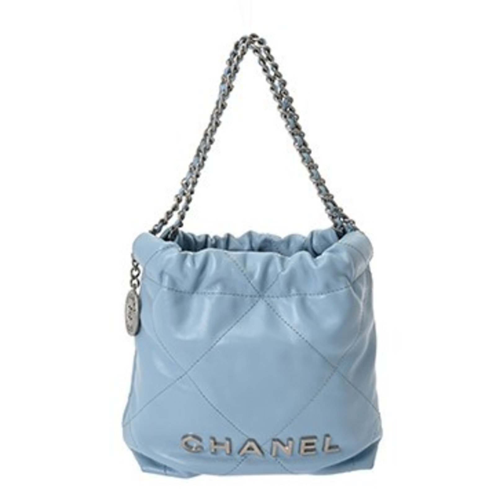 Handbag Chanel: Handbag Chanel A stunning Chanel handbag in light blue, adorned with sleek matte silver hardware, adds a touch of timeless elegance to any outfit. With its classic design and premium quality construct