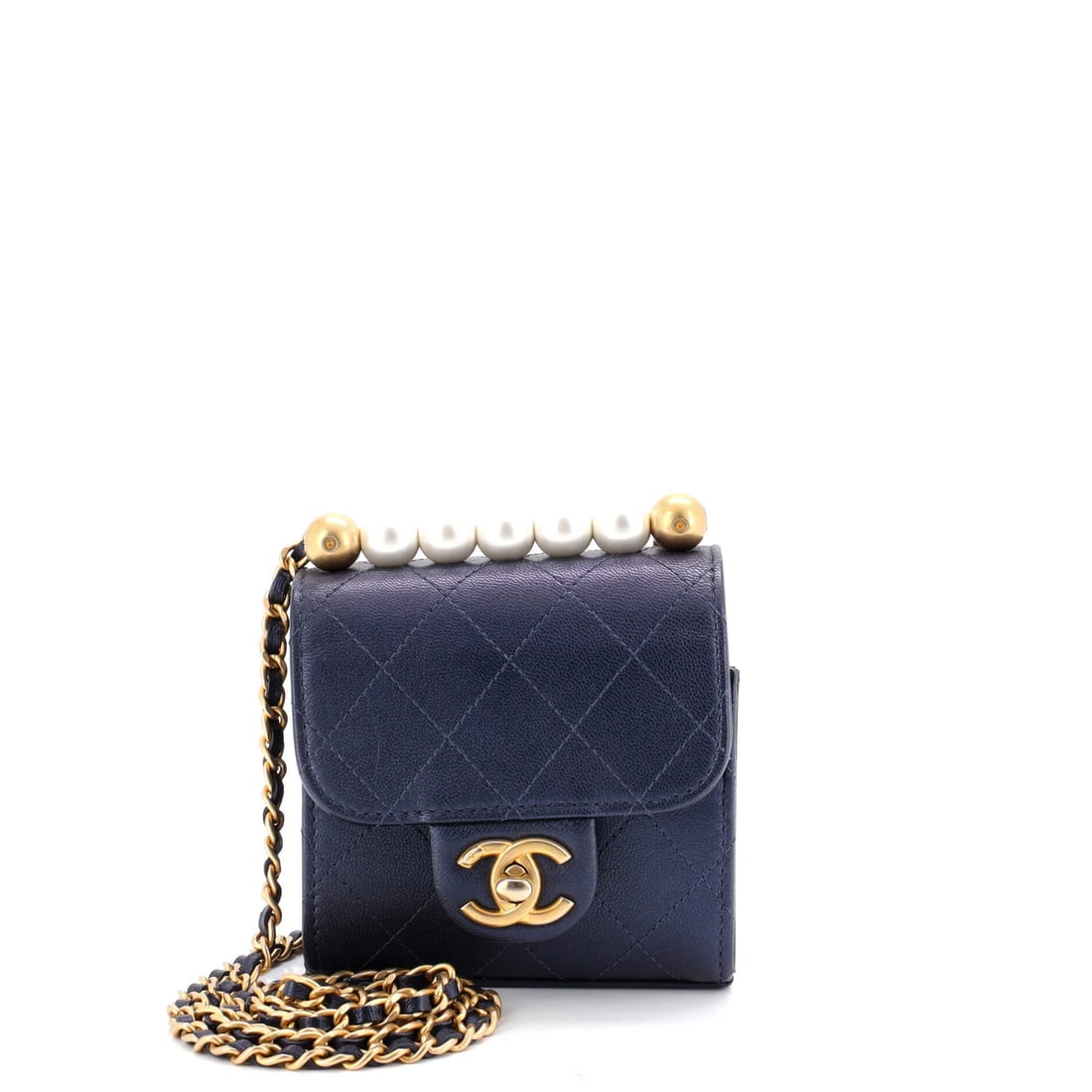 Mini Chanel Chic Pearls Flap Clutch with Chain Quilted Goatskin: Mini Chanel Chic Pearls Flap Clutch with Chain Quilted Goatskin Elevate your evening look with the iconic Mini Chanel Chic Pearls Flap Clutch, boasting sleek faux pearl leather and chain quilted detai