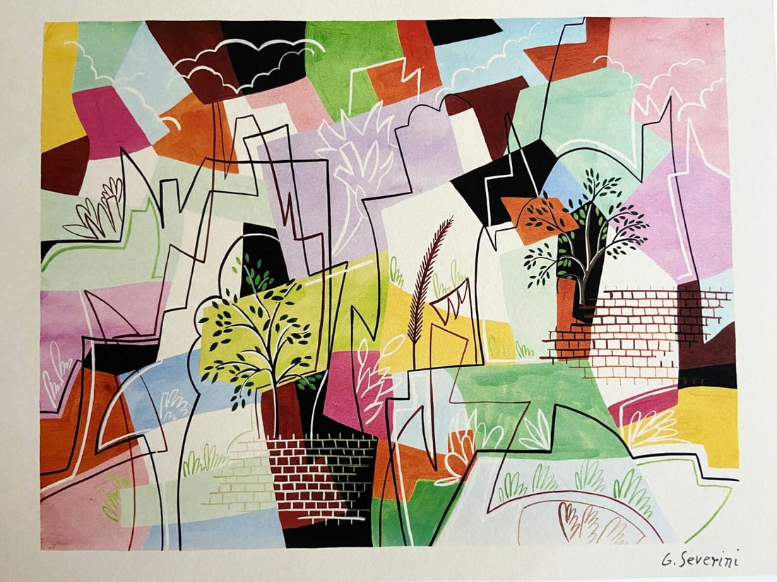 Gino Severini Lithograph Venice Biennale 1968 Numbered: Gino Severini Lithograph Venice Biennale 1968 Numbered Experience the vibrant energy of Gino Severini's Futurist landscape, created in 1968 for the Venice Biennale. This rare lithograph is one of