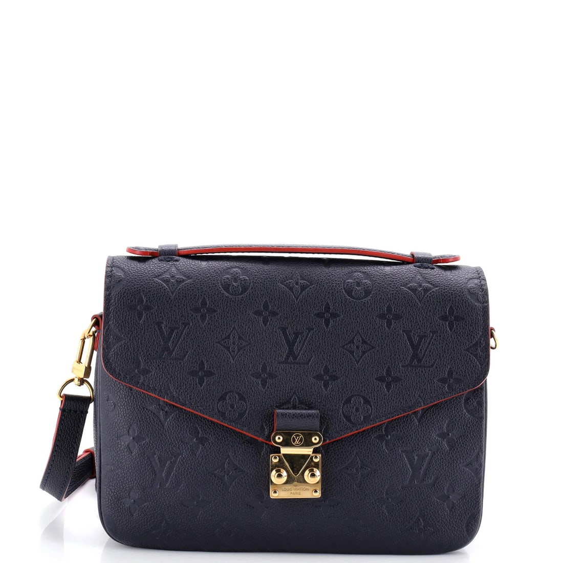 Leather Louis Vuitton Pochette Metis Monogram Empreinte: Leather Louis Vuitton Pochette Metis Monogram Empreinte A stunning Louis Vuitton Pochette Metis Monogram Empreinte in rich blue leather, this iconic cross-body bag boasts the signature LV monogram pat