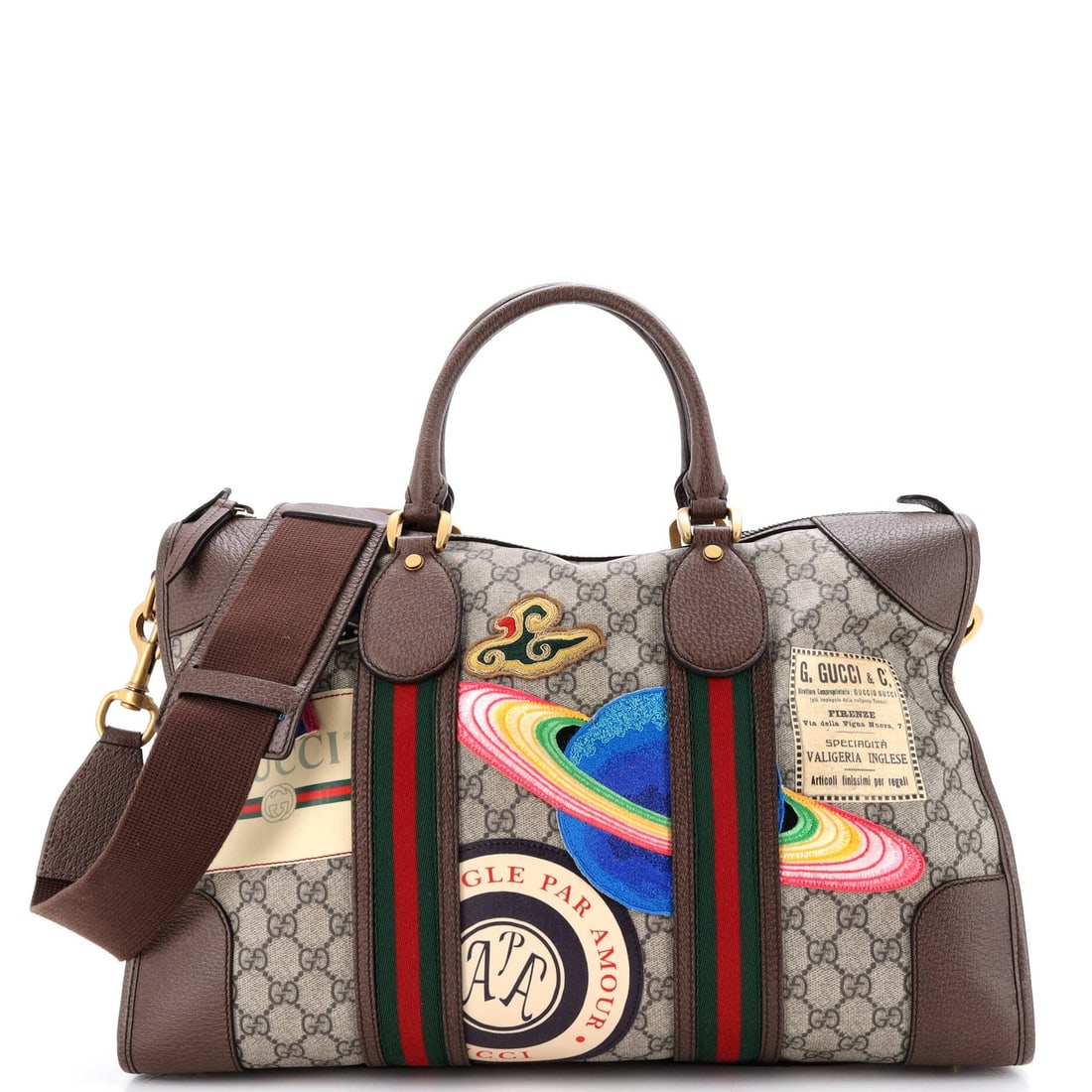 Small Gucci Courrier Carry On Convertible Duffle GG Coated Canvas with Applique: Small Gucci Courrier Carry On Convertible Duffle GG Coated Canvas with Applique Elevate your travel style with the iconic Gucci Courrier Carry On Convertible Duffle, boasting a luxurious GG Coated Can