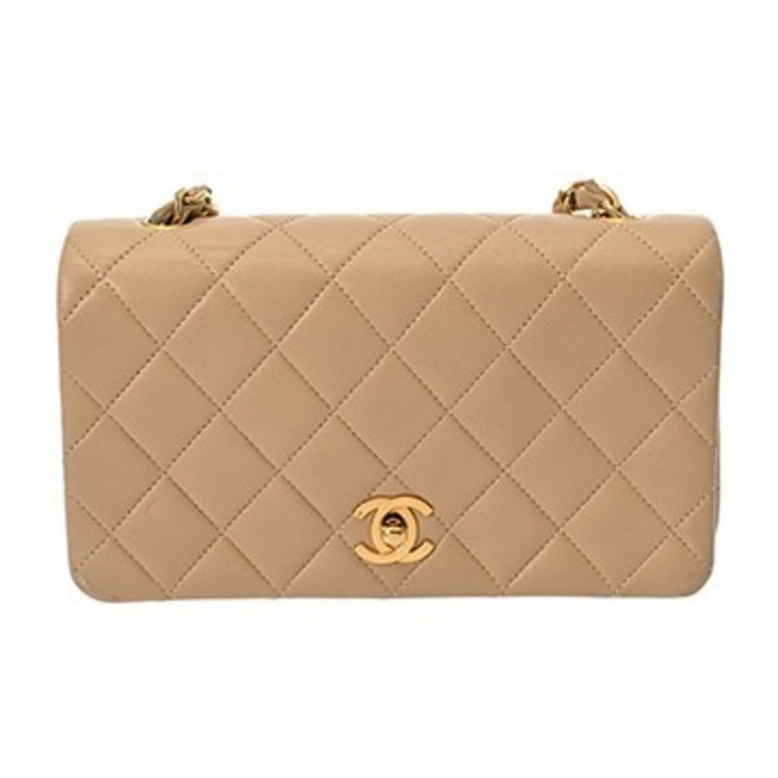 Chanel Shoulder Bag in Leather: Chanel Shoulder Bag in Leather A timeless Chanel shoulder bag in luxurious lambskin leather, boasting classic gold hardware and a chic beige hue, is up for grabs. With its spacious interior and comfor
