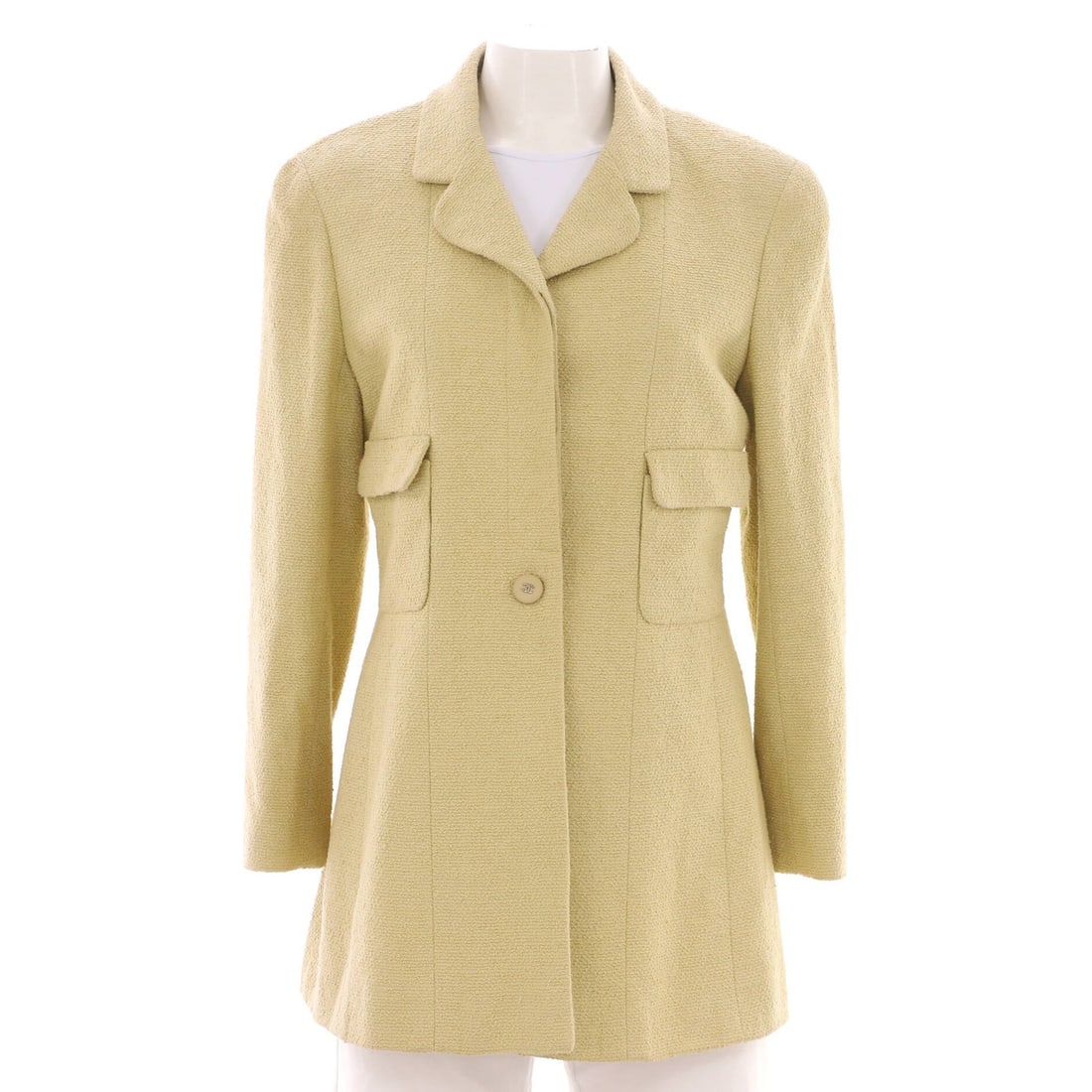 Chanel Women's Vintage Tweed Two Pocket Long Jacket: Chanel Women's Vintage Tweed Two Pocket Long Jacket A true vintage gem, this Chanel tweed blazer boasts a bright and cheerful yellow hue that's sure to turn heads. With its classic two-pocket design a